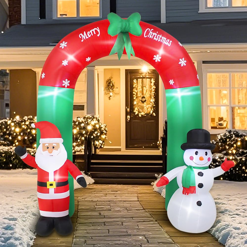 240 cm Arche Gonflable de Noël, Arche Gonflable Noël avec Père Noël et Bonhomme de Neige Gonflable Décoration, Intérieure Extérieure Noël pour Maison Vacances Cour Pelouse Jardin Fêtes