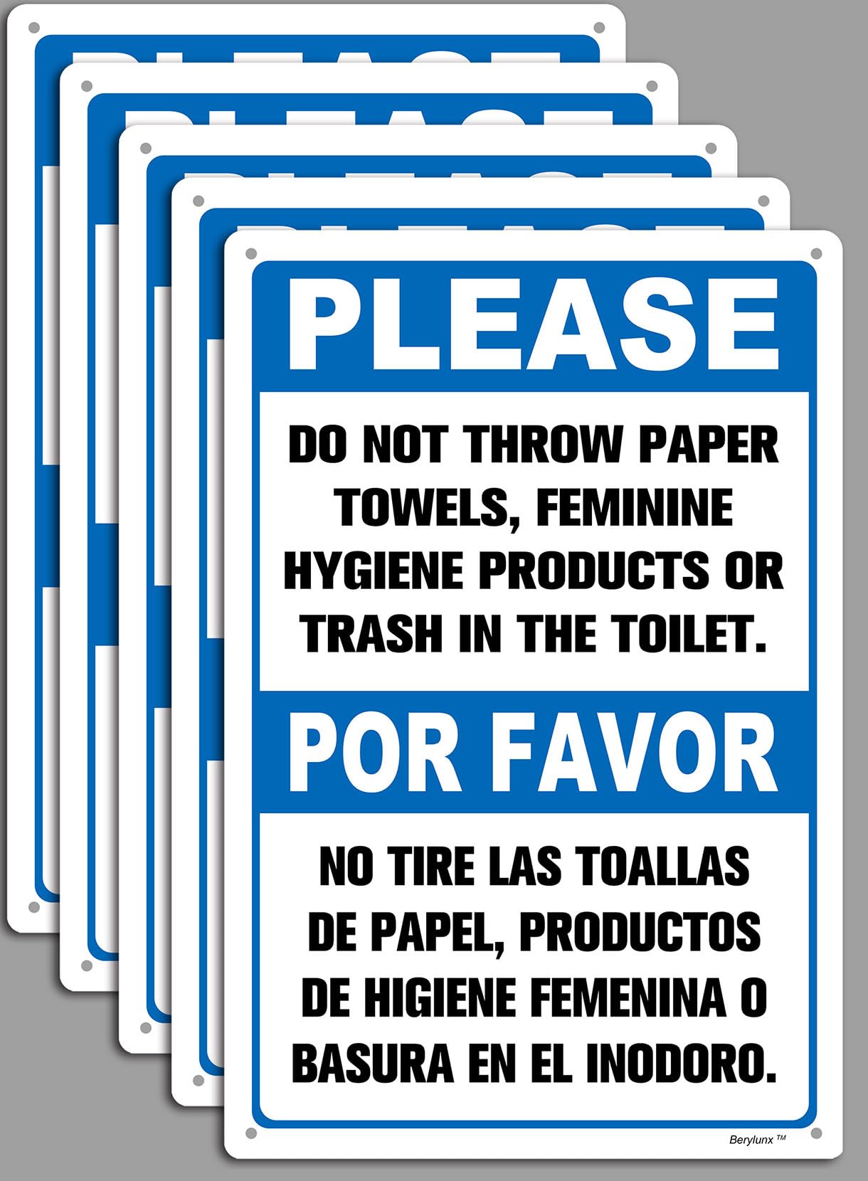 5 Pack 8" x 12" Please Do Not Throw Paper Towels, Feminine Hygiene Products or Trash in the Toilet Notice Signs