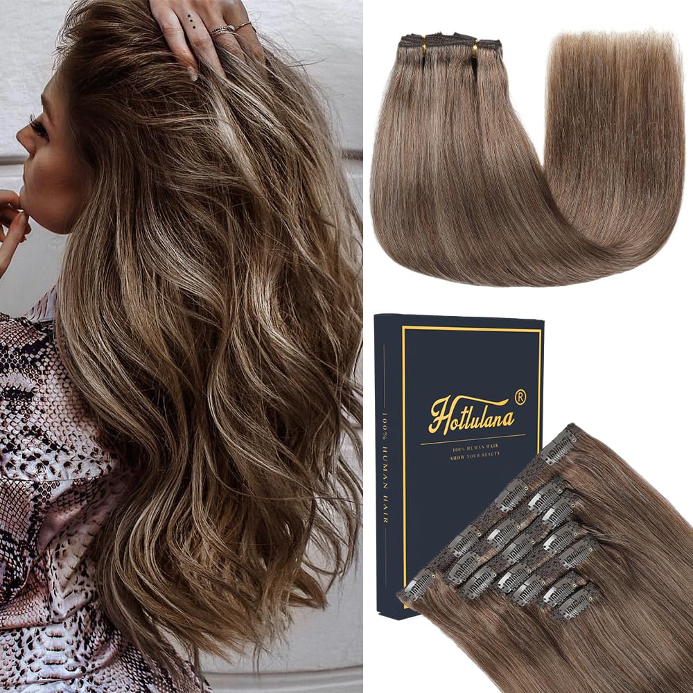 HotLulana Extension Capelli Veri Clip 7pcs 35cm 80g Castano miscelato con Biondo Naturale Extension Capelli Veri Invisible Remy Extensions （14 Pollice,M2/6/613#）