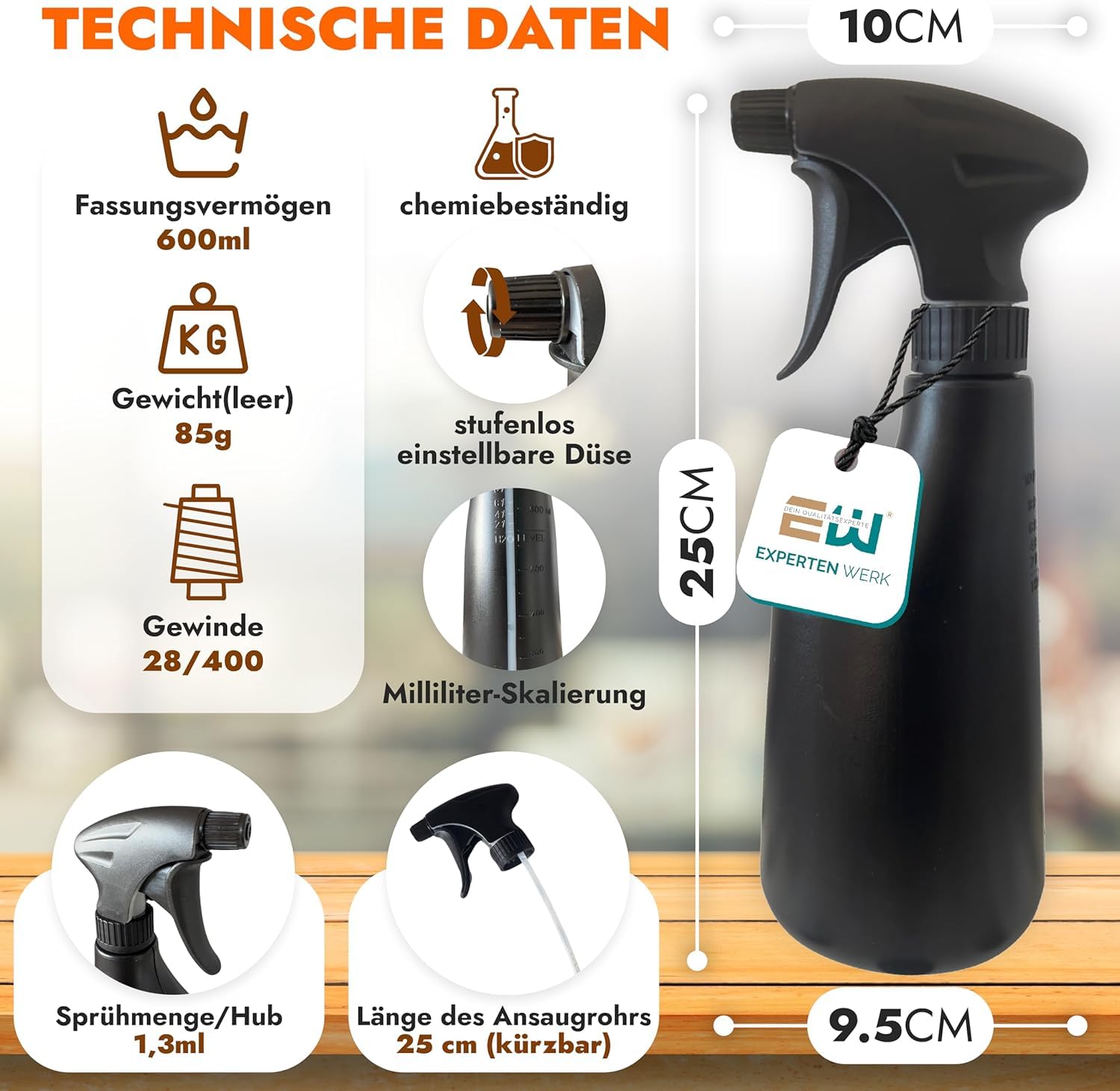 2er Set Sprühflaschen 600 ml Chemikalienbeständig – Weiß & Schwarz – mit Füllstandanzeige & Verstellbare Düse – Sprühkopf verschließbar - Für Wasser, Reiniger, Desinfektion uvm.