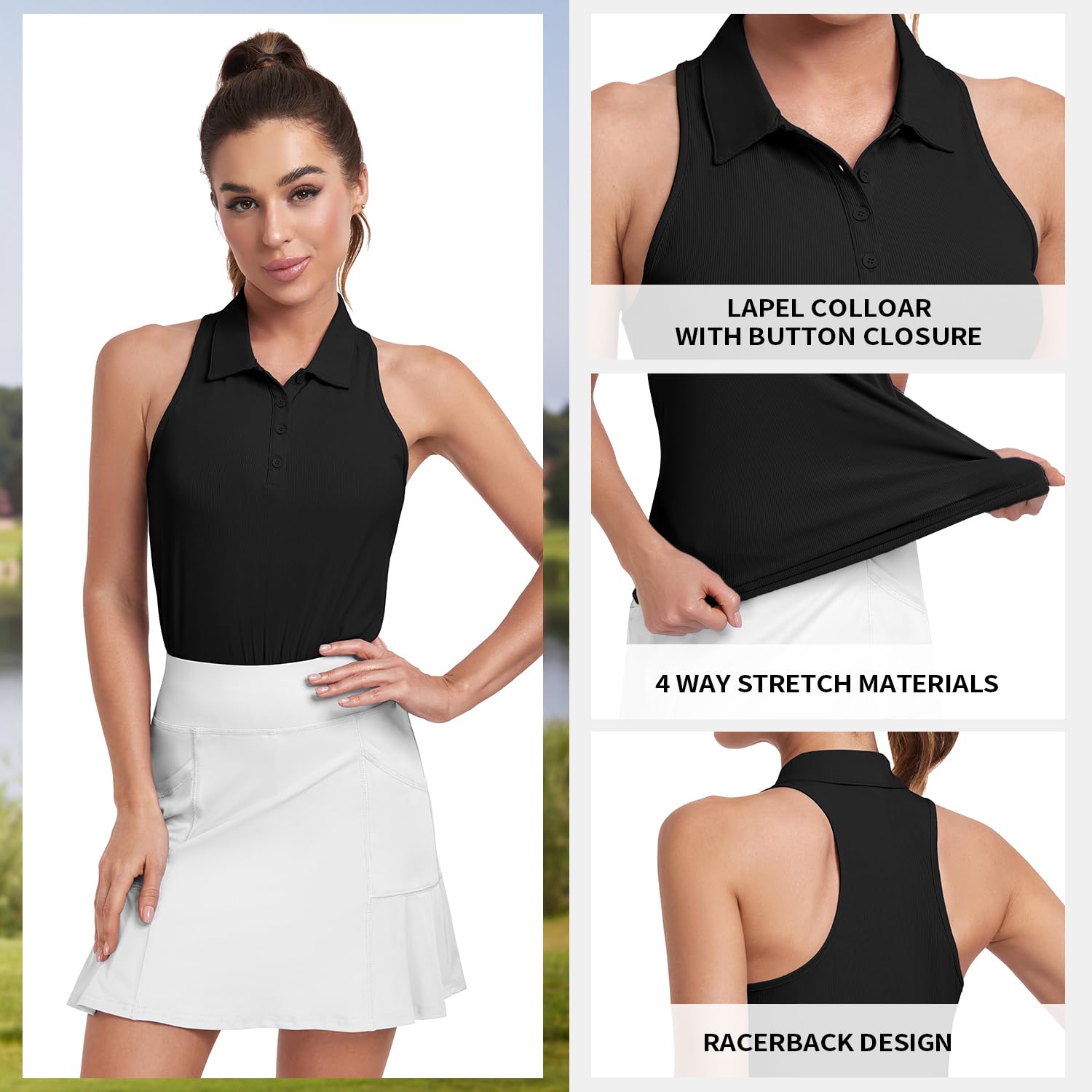 Soneven Polo de Golf pour Femme sans Manches - Débardeur de Sport - Dos Nageur - avec col - Gym - Léger - Haut de Yoga