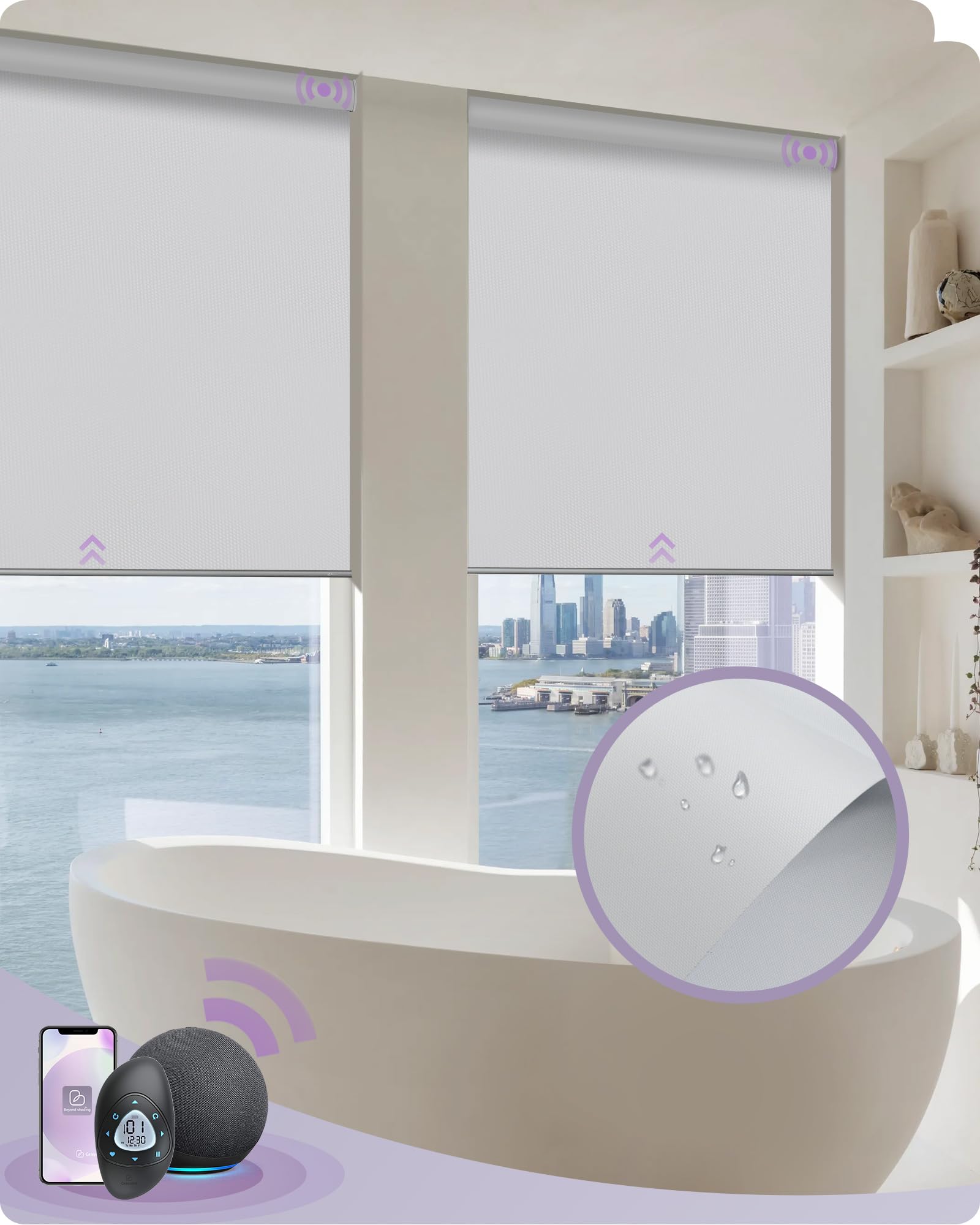 Graywind Smart Blinds Work with Alexa, Waterproof Motorized 100% Blackout Shades with Zigbee Motor, Customized Automatic Electric Window Blinds with Remote Control, White