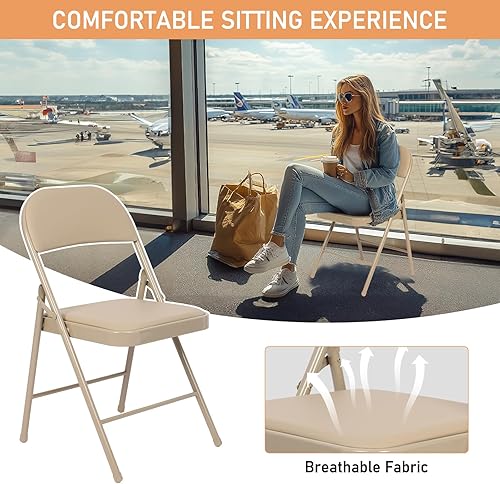 Miniatura 5 de Juego de 6 sillas plegables acolchadas color caqui, cómodas sillas portátiles apilables para interiores y exteriores, eventos, fiestas, oficina,