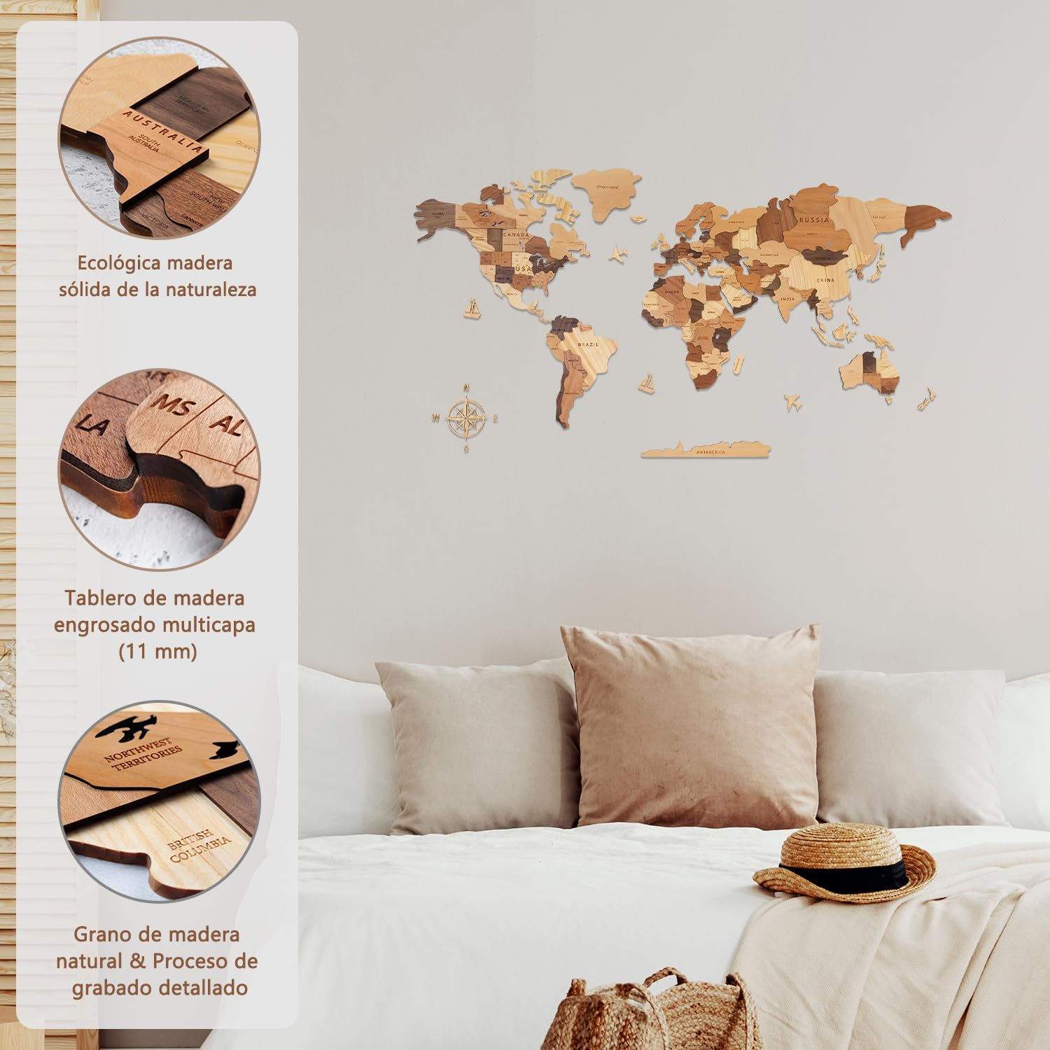 Creawoo Mapa del Mundo 3D de Madera para Decoración de Pared, Grande Mapamundi Maciza Natural Multicapa Arte de Pared para Oficina Sala de Estar Dormitorio, Mapamundi de Viaje de Madera-100x57cm