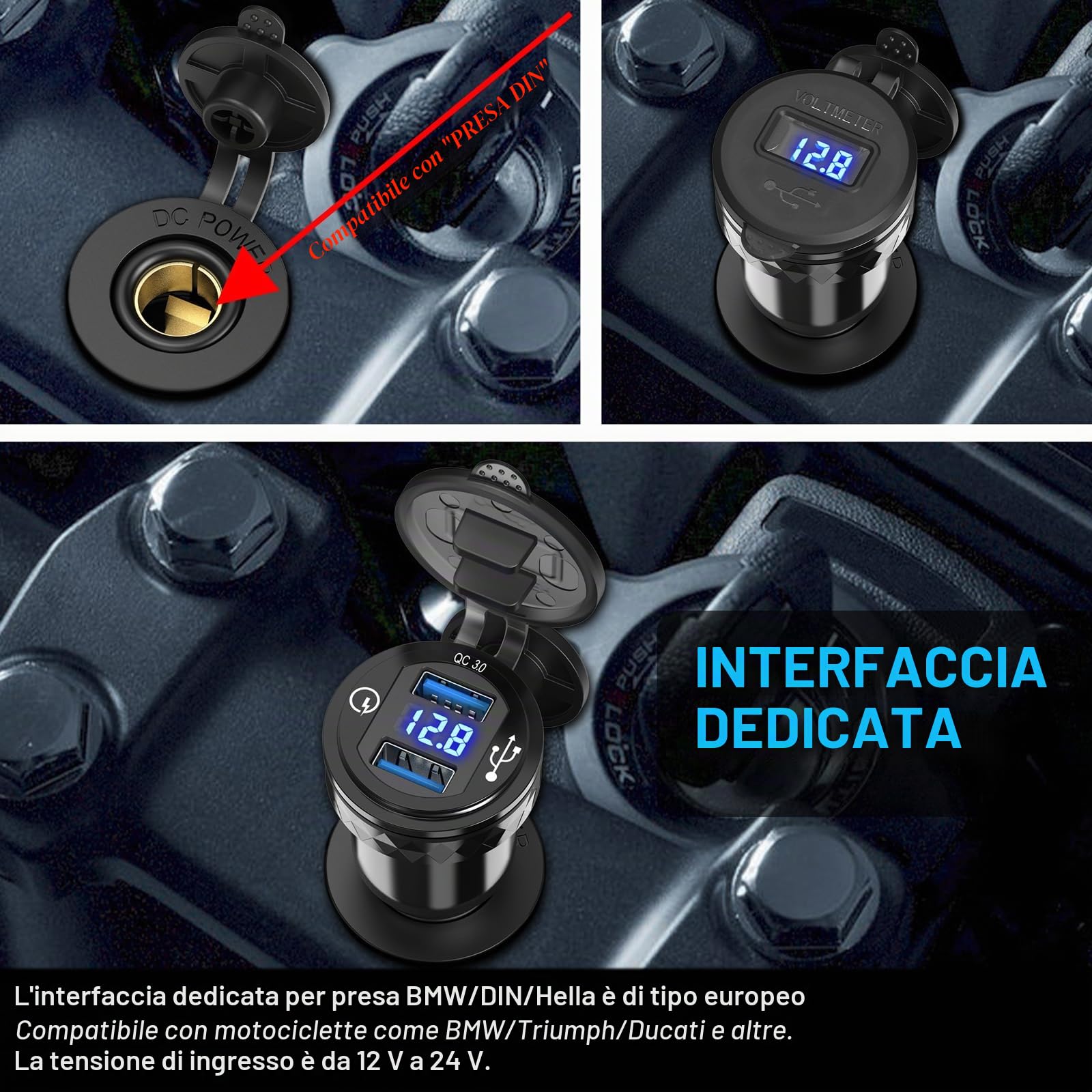 Qidoe QC 3.0 Presa Din a USB per Moto BMW: Metallo Doppio USB Presa Din Adattatore Impermeabile con Display Voltmetro Ricarica Rapida per 12-24 Volt Motocicli Europei Ducati/Triumph/BMW