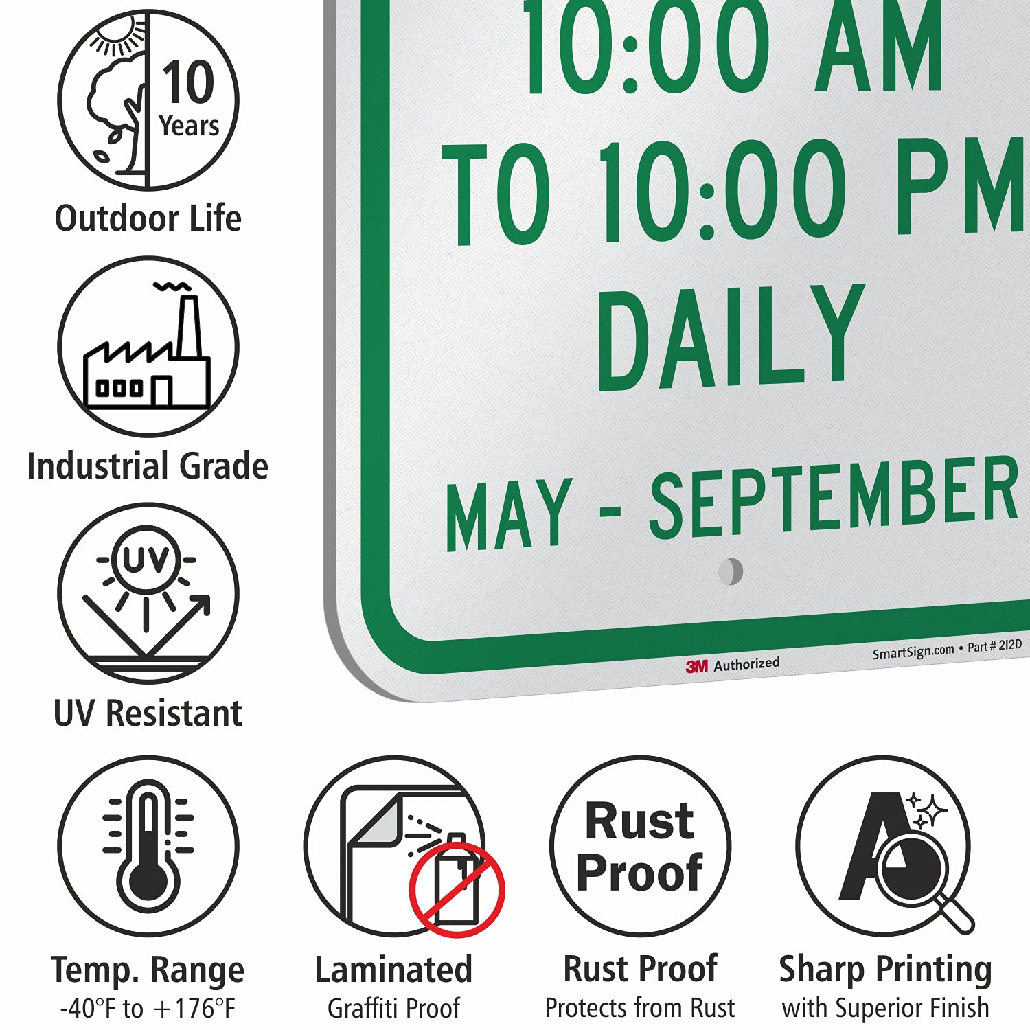 SmartSign 18 x 12 inch “Pool Hours 10:00 AM to 10:00 PM Daily, May - September” Metal Sign, 63 mil Aluminum, 3M Laminated Engineer Grade Reflective Material, Green and White, Made in USA