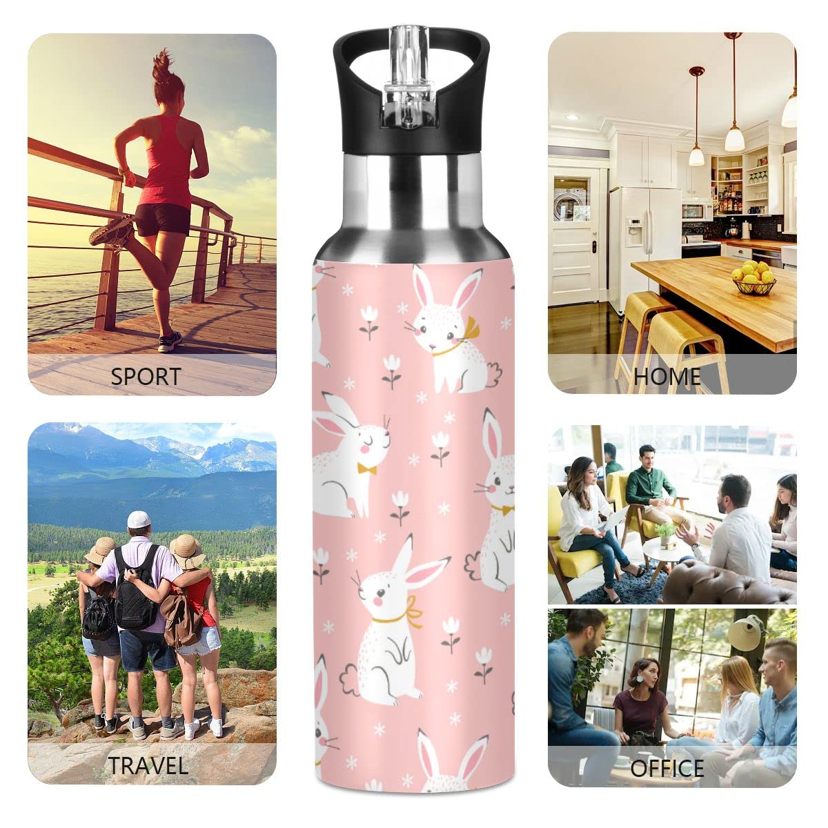 Edelstahl-Wasserflasche mit Strohhalm, weißer Kaninchen rosa isolierte Trinkflasche Sport Wasserflasche für Kinder Erwachsene, auslaufsicher, 1L