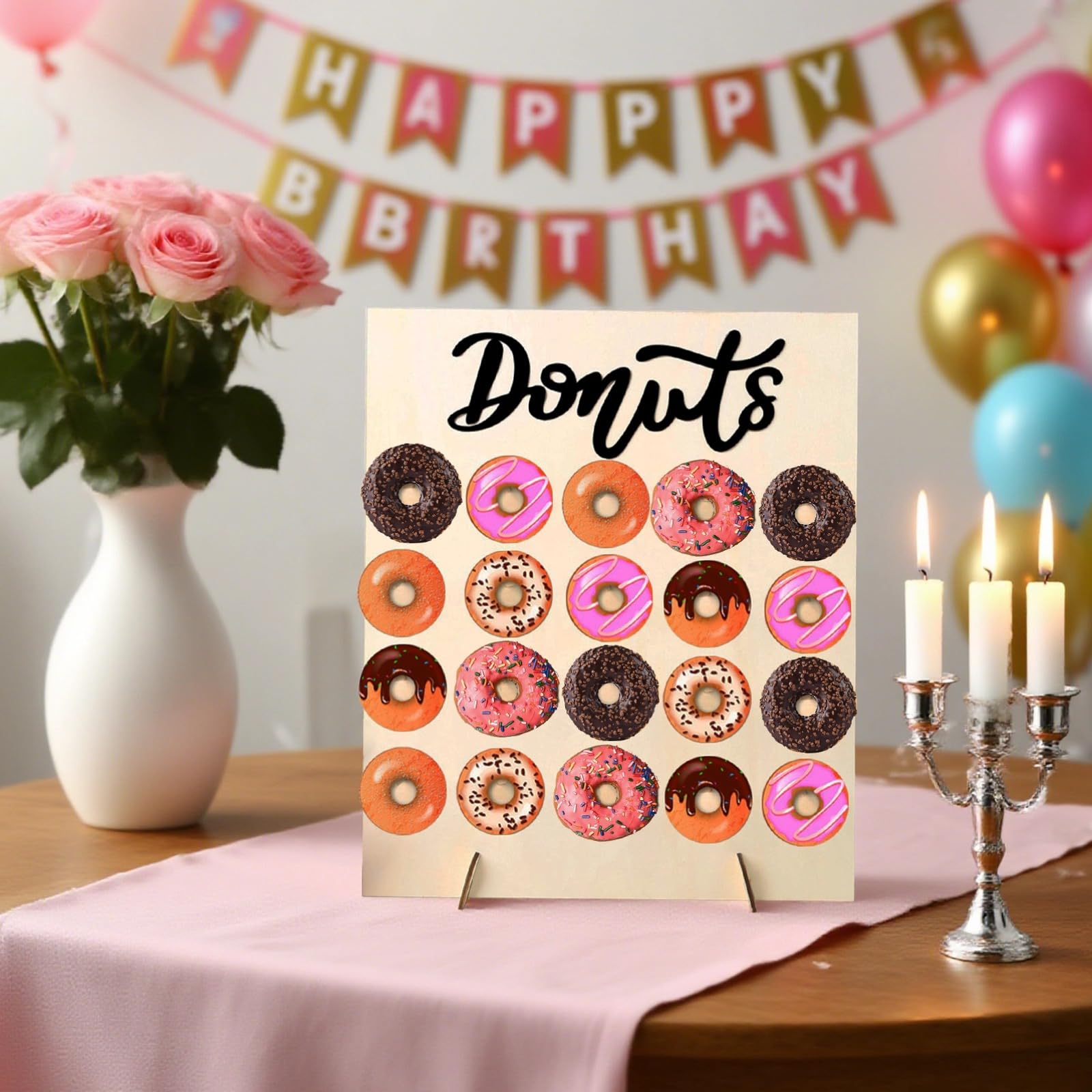 Drewniany stojak na pączki, 17.7 in x 14.8 in / 45 x 37,6 cm, wielokrotnego użytku stojak na pączki na ślub, urodziny, uroczystości, dekoracja imprezowa, tablica na śledzie dla oczekiwanego