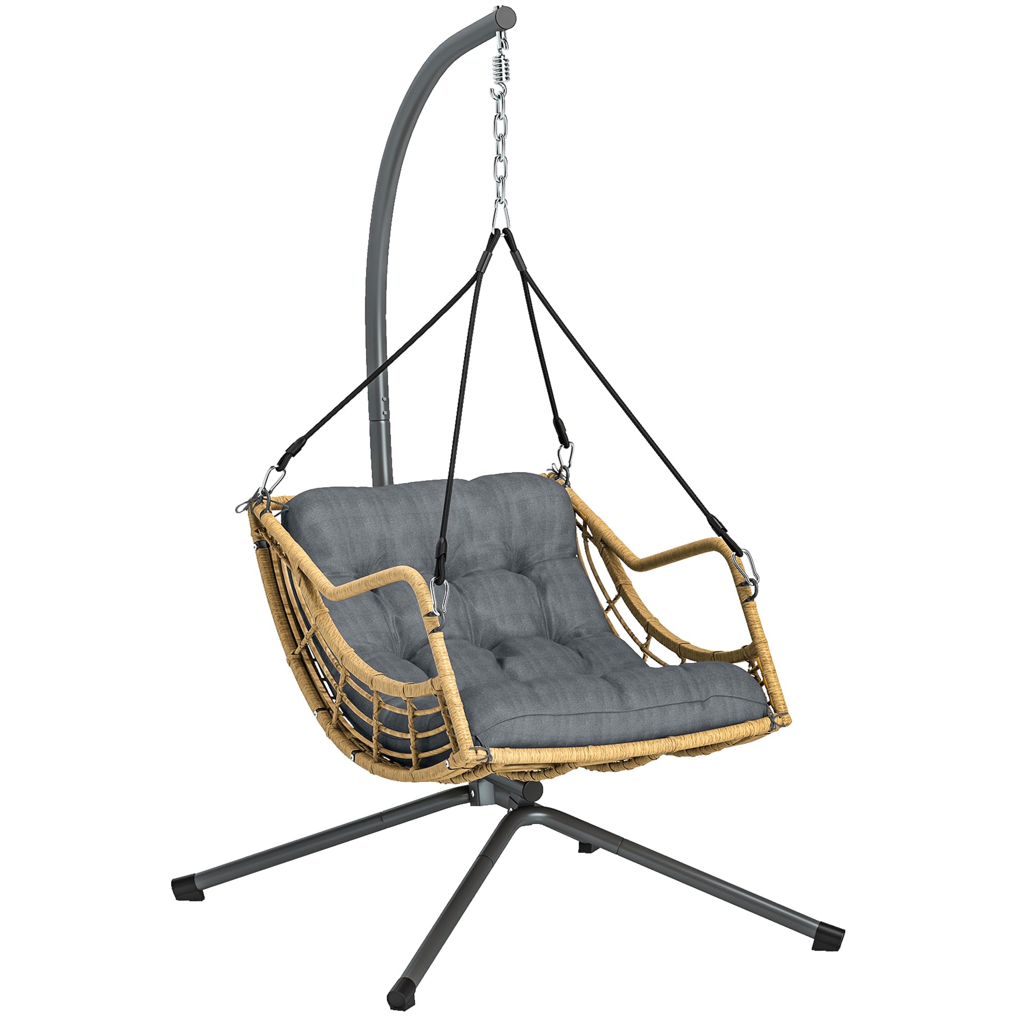 Outsunny Fauteuil Suspendu en résine tressée avec Support, Chaise Suspendue, Chaise hamac balançoire, Coussin et Attache de sécurité, Hauteur réglable, Cadre en Acier, intérieur et extérieur, Gris