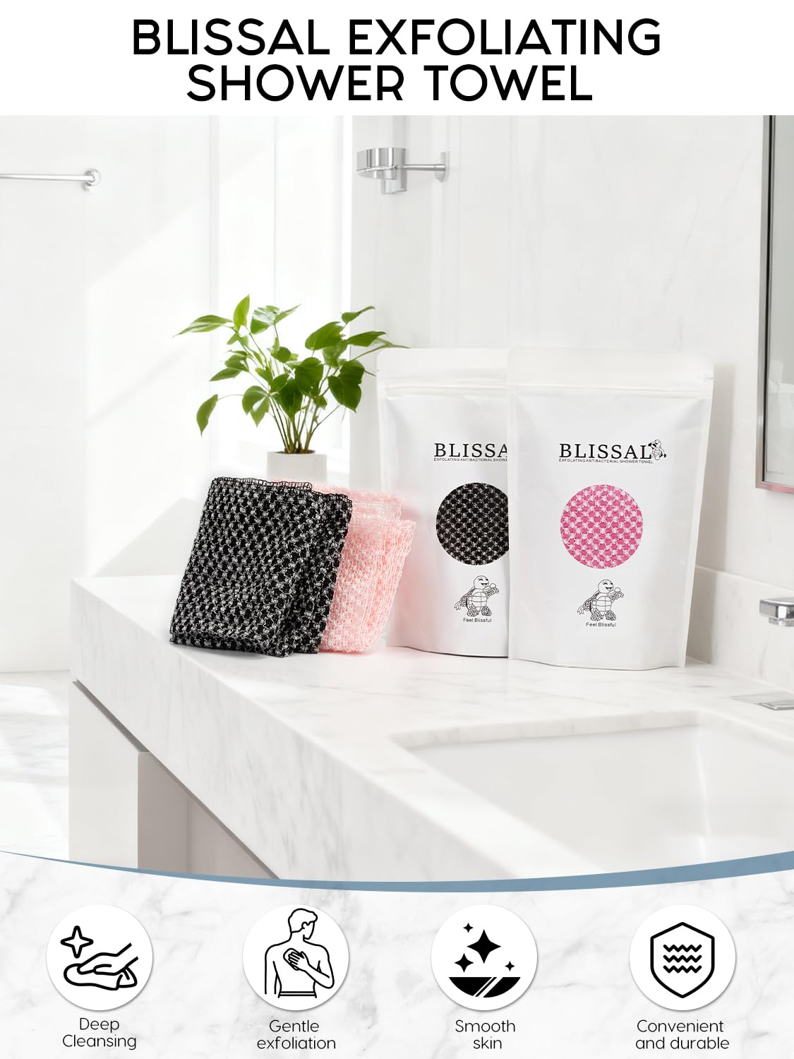 2 piezas de toalla de baño exfoliante antibacteriana Blissal para una piel suave, toalla de ducha para peeling corporal y de espalda para hombres y mujeres (Rosa + Negro)