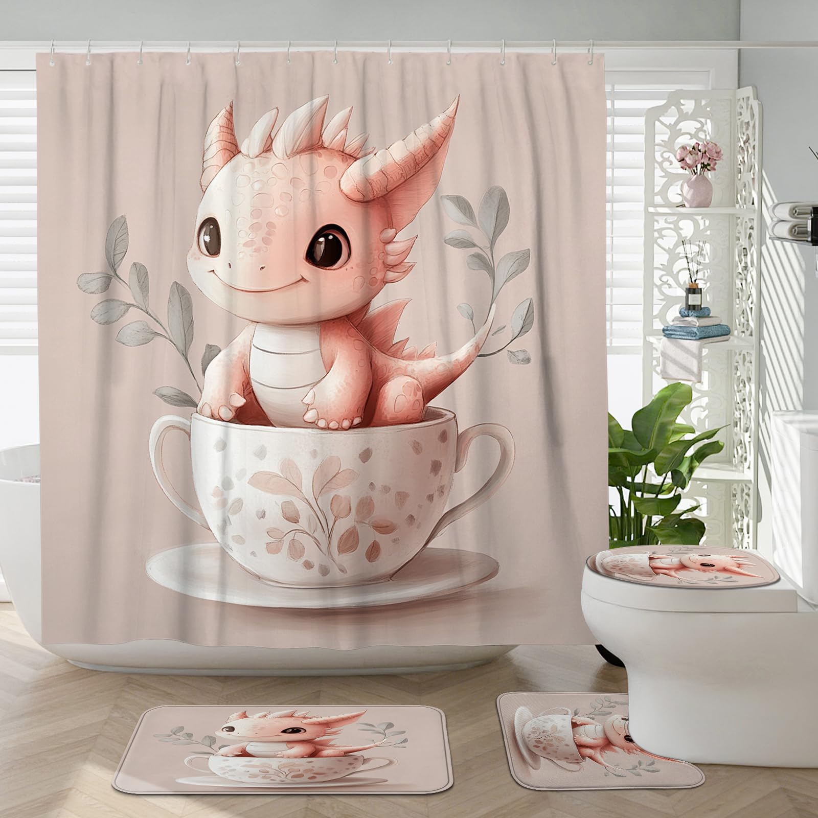 DESIHOM 4PCS Cute Cup Dragons Shower Curtain Sets with Non-Slip Rug, U Shape and Toilet Lid Cover Mat, Funny Fun Cartoon Kid Home Decor, Bathroom Accessory with 12 Hooks