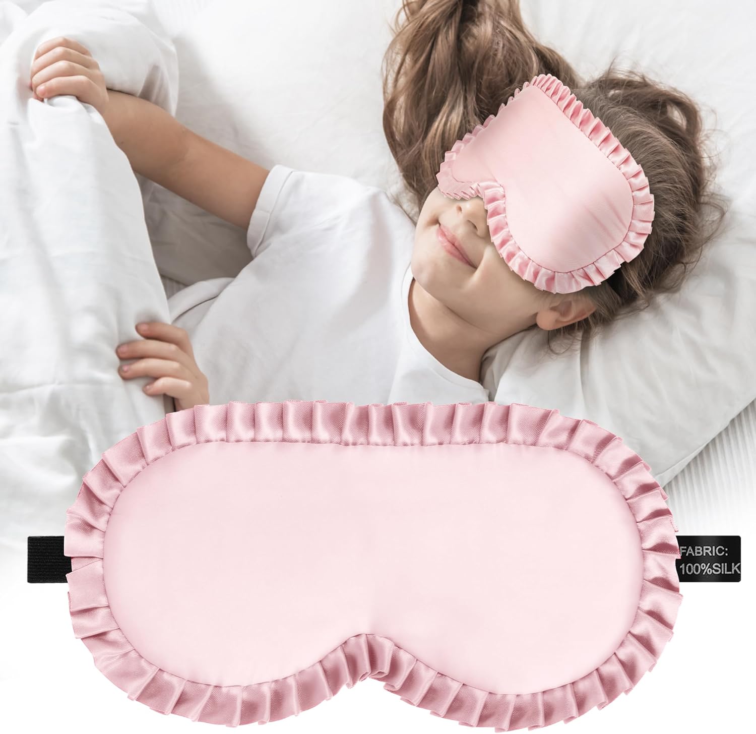 Kids Sleep Mask Eye Cover, 100% Real Mulberry Silk Sleep Mask with Adjustable Strap, Kids Blindfold for Sleeping, Boys Girls Eye Shade for Ages 5+, Soft and No Pressure (Pink)
