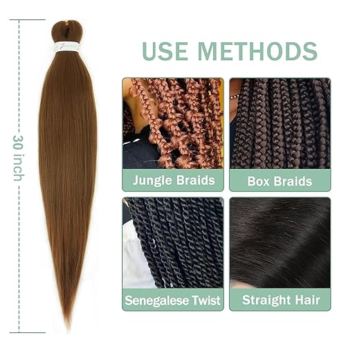 Miniatura 4 de Kanekalon - Cabello trenzado marrón preestirado de 30 pulgadas, 3 paquetes de cabello trenzado preestirado de color 30 EZ, textura Yaki, extensiones