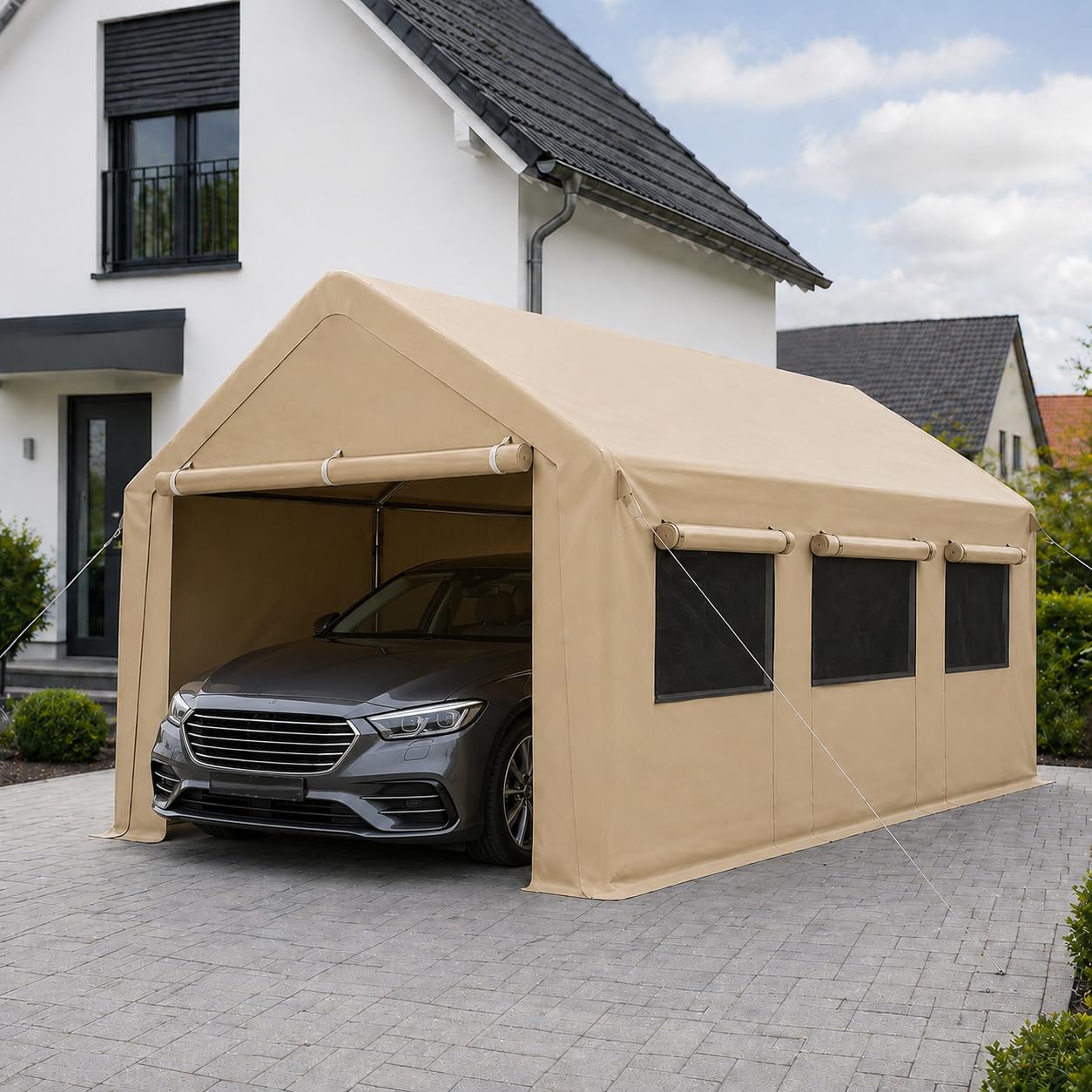 Carport Zeltgarage 3x6 m Winterfest – Garagenzelt mit Rolltor & Seitenfenstern – Wasserdichtes Oxford-Gewebe, Stabiler Stahlrahmen – Auto Carport & Unterstand für PKW, SUV & Motorrad