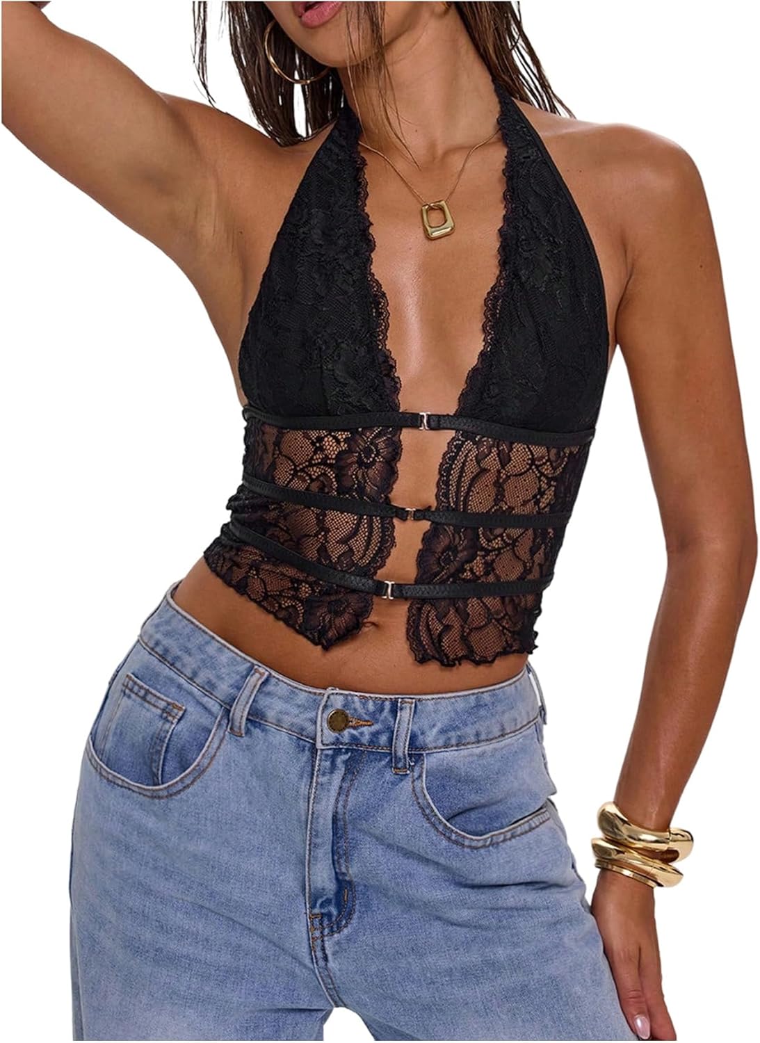 SOLY HUX Women's Lace Sheer Hollow Out Y2k Halter Top Backless Deep V Neck Crop Vest Shirts