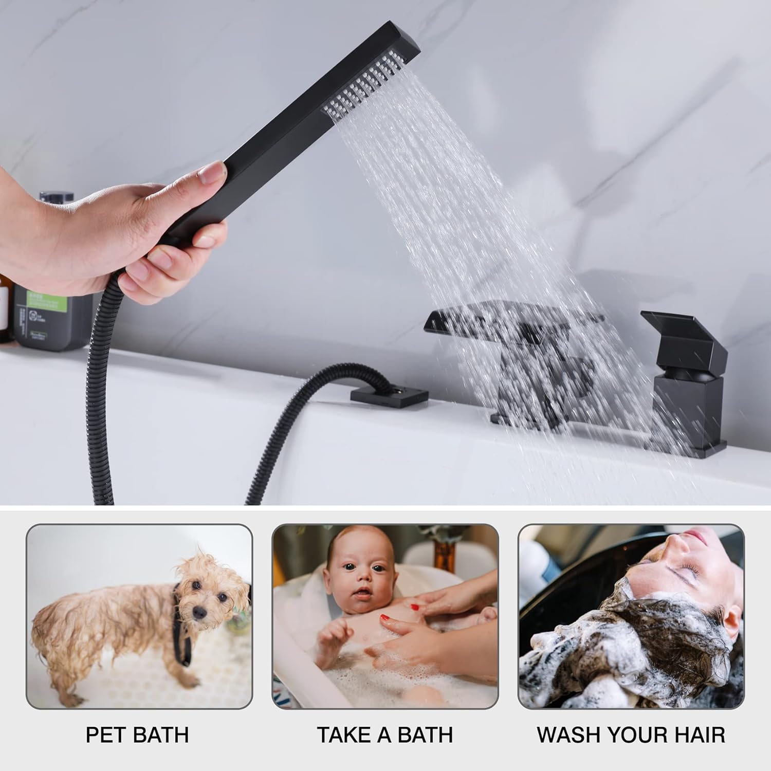 TapLong Modern Roman Tub Faucet with Hand Shower, Waterfall Deck Mount Bathtub Filler Faucet with Sprayer, Widespread 3-Holes Tub Shower Faucet Set in Matte Black, 02763B