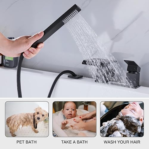 Miniatura 54 de TapLong Grifo de llenado de bañera en cascada con ducha de mano, juego de grifo de bañera romano generalizado, montaje en cubierta, 3 agujeros, Oro