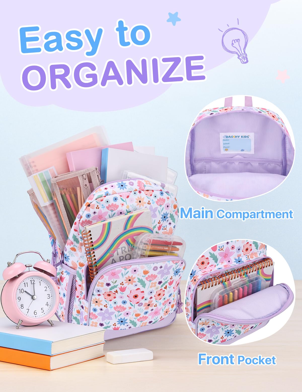 VASCHY Mochila Infantil Niña 12 L 2–5 Años, Ligera, Mochila Escolar para Guardería, Preescolar y Viaje, Floración Lila