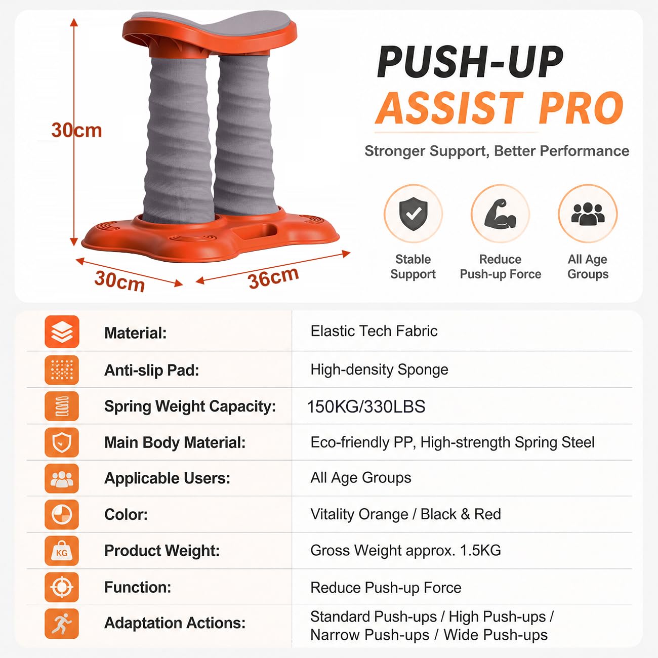 Push Up Assist A Doppia Molla per Allenamento A Casa, Push-Up Helper Orange,Double Spring