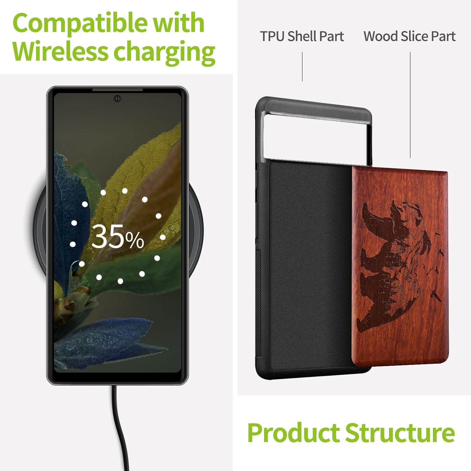Carveit Wood Case for Pixel 8a Case [Natural Wood & Black Soft TPU] Shockproof Protective Unique Wooden Cover Compatible with Google Pixel 8a (Bear and Valleys-Rosy)