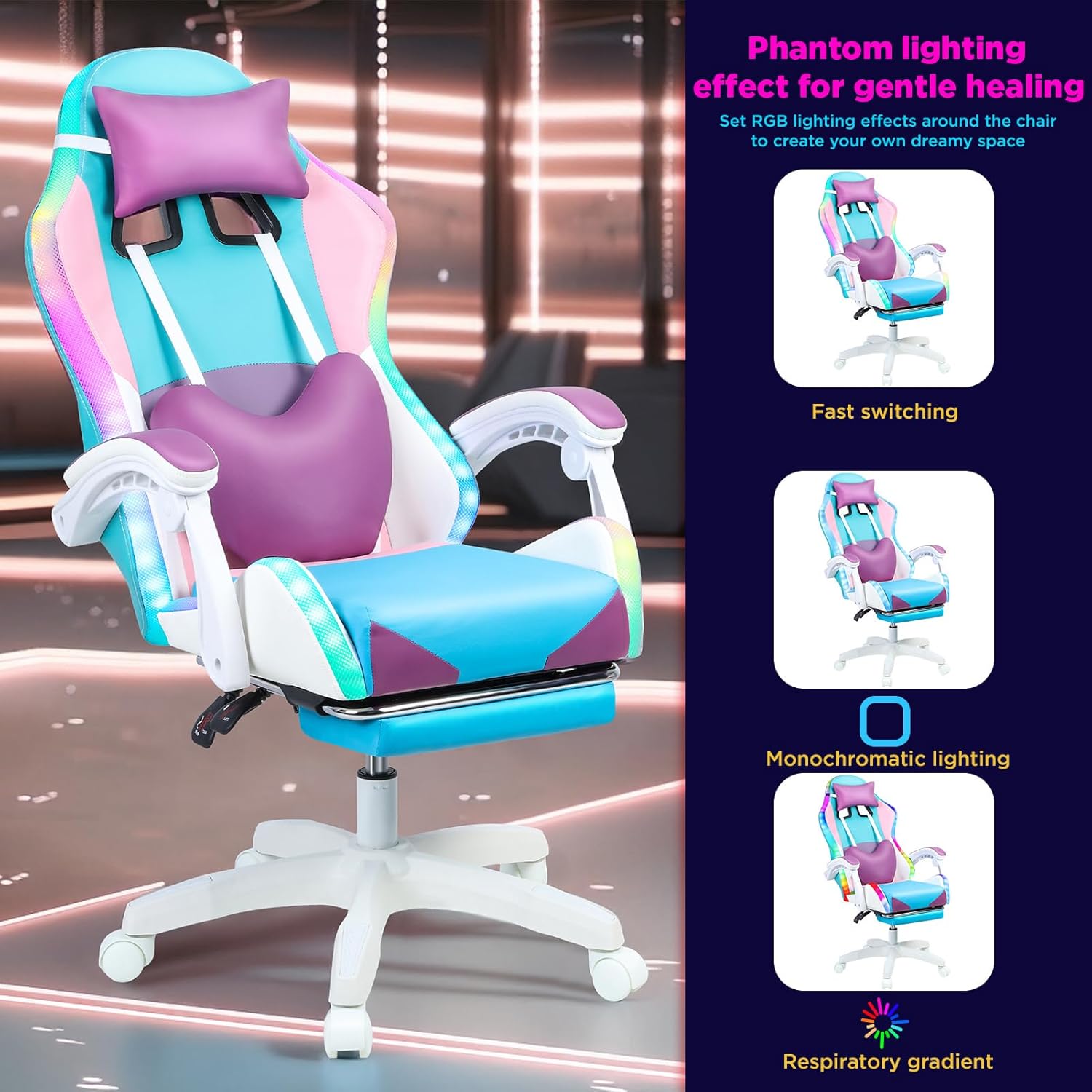 Girl Gaming Chair, Gamer Chair for Girls with LED Light, Adjustable Computer Gaming Chair with Heart Backrest and Footrest, Video Game Chair for Girls Women