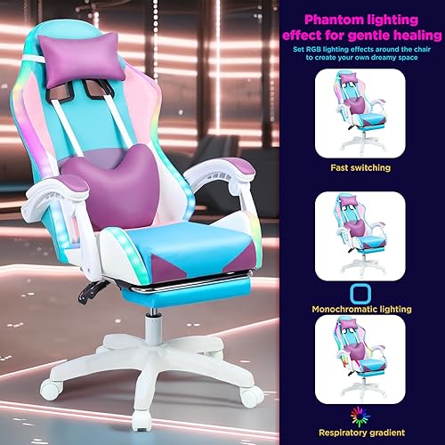 Miniatura 5 de Sillas de juegos para adultos, silla de computadora con reposapiés y respaldo alto ergonómico, luz LED, sillas giratorias de 360 en altura ajustable