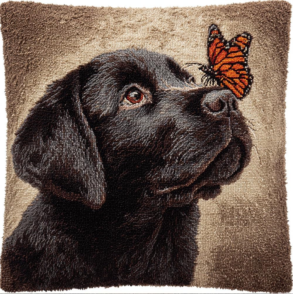 FWRTYCB Latch Hook Pillow Case Kits,Black Labrador Retriever and Butterfly