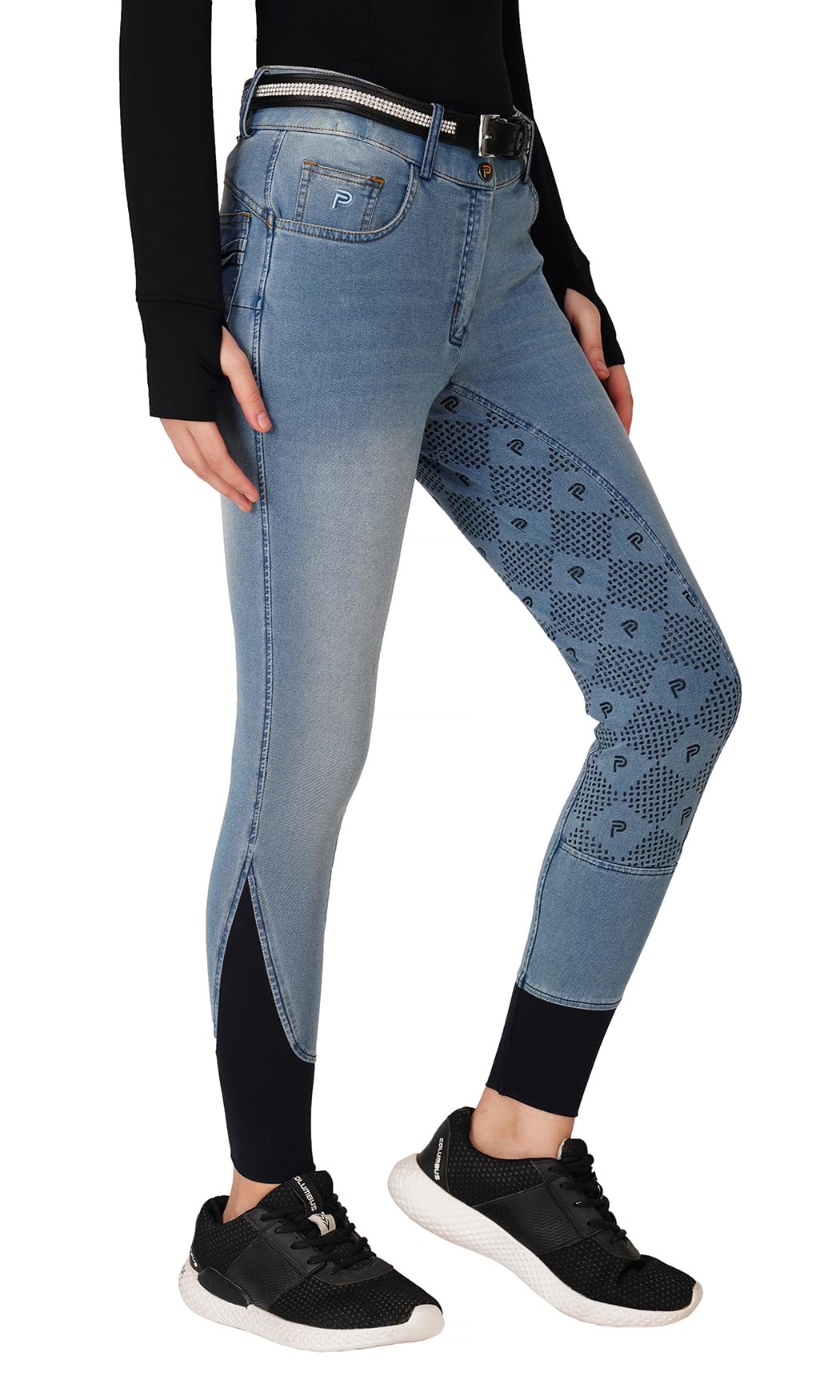 Preto Pantalones de equitación de mezclilla para mujer, con asiento completo, agarre de silicona, suaves, elásticos, pantalones ecuestres con bolsillos
