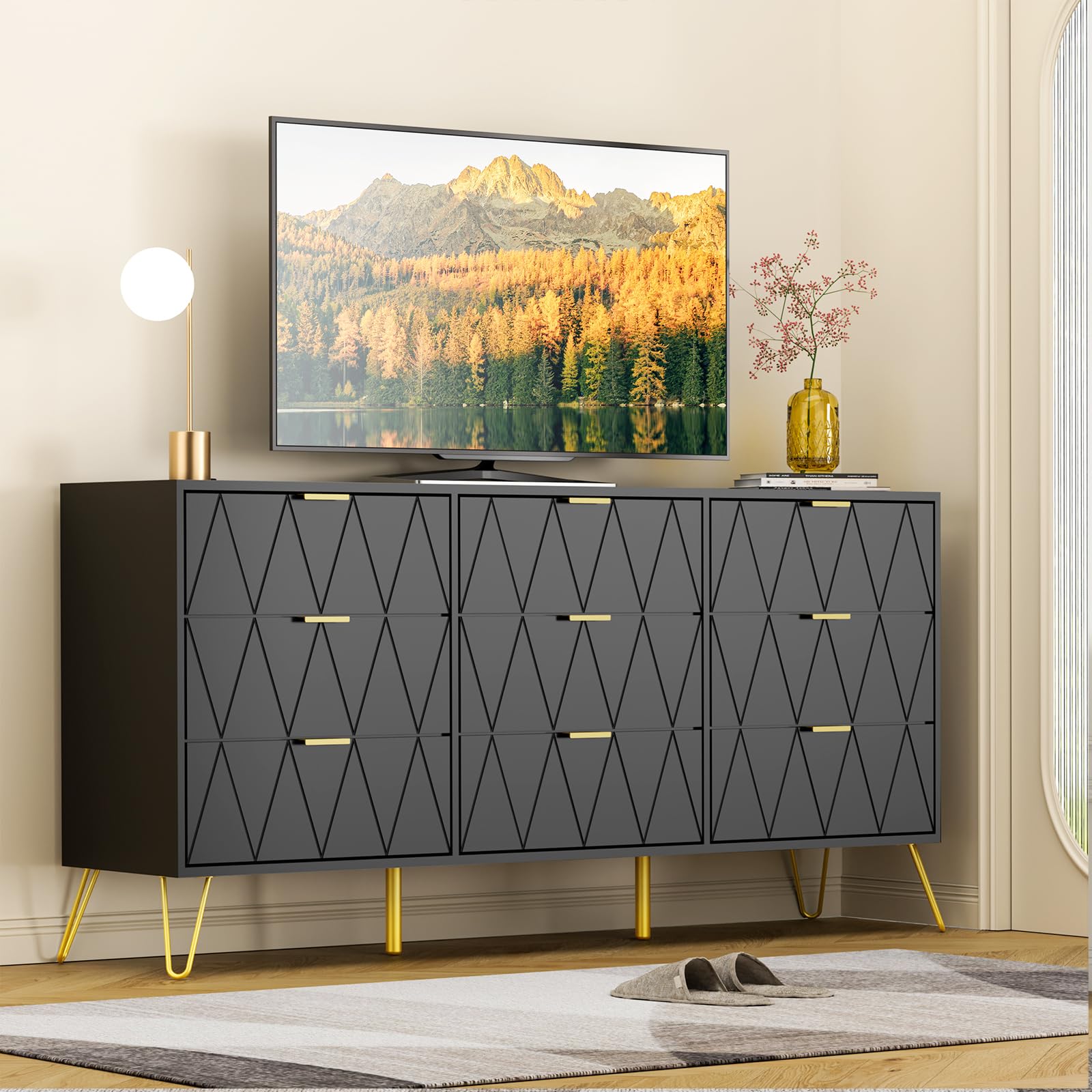 UEV Schlafzimmer Komplett-Set in schwarz, 3er-Set Schlafzimmermöbel, Kommode mit 9 Schubladen und 2er-Set Nachttisch, Goldene Griffe und Füße, Linienmuster, Skandinavisch für Wohnzimmer, Schlafzimmer