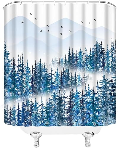 Miniatura 3 de Cortina de ducha de bosque brumoso, pino, acuarela, abstracta, selva, montaña, planta azul, rústico, misterioso, paisaje, decoración de baño, juegos