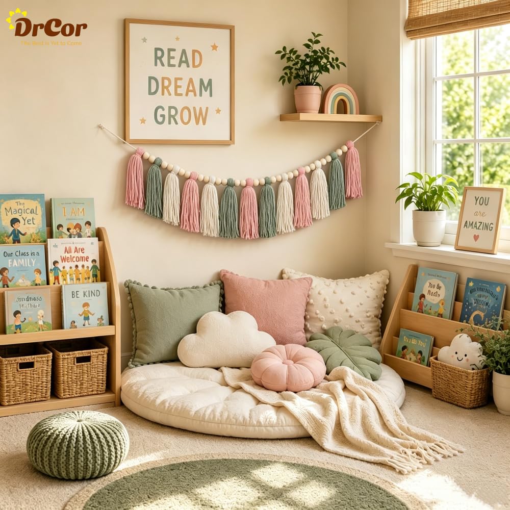 DrCor - Guirnalda de borlas rosa y verde, moderna, bohemia, decoración para colgar en la pared, para dar gracias, Navidad, aula, guardería, fiesta, dormitorio de niños, cumpleaños, baby shower,