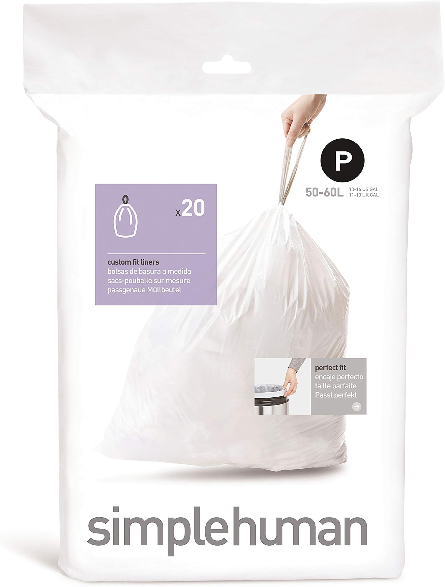 simplehumanCustom Fit Bin Liner, Drawstring Handles, Extra-Thick Plastic