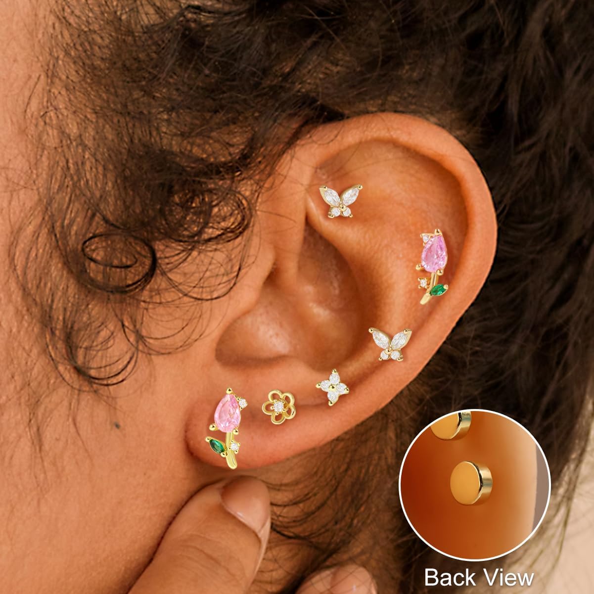 Cartilage Earring Stack Set for Women 4 to 6 pcs Mismatched Stud & Dangle Earrings with Sterling Silver Posts, Hypoallergenic Gold Plated Asymmetrical Jewelry for Multiple Piercings - Image 3