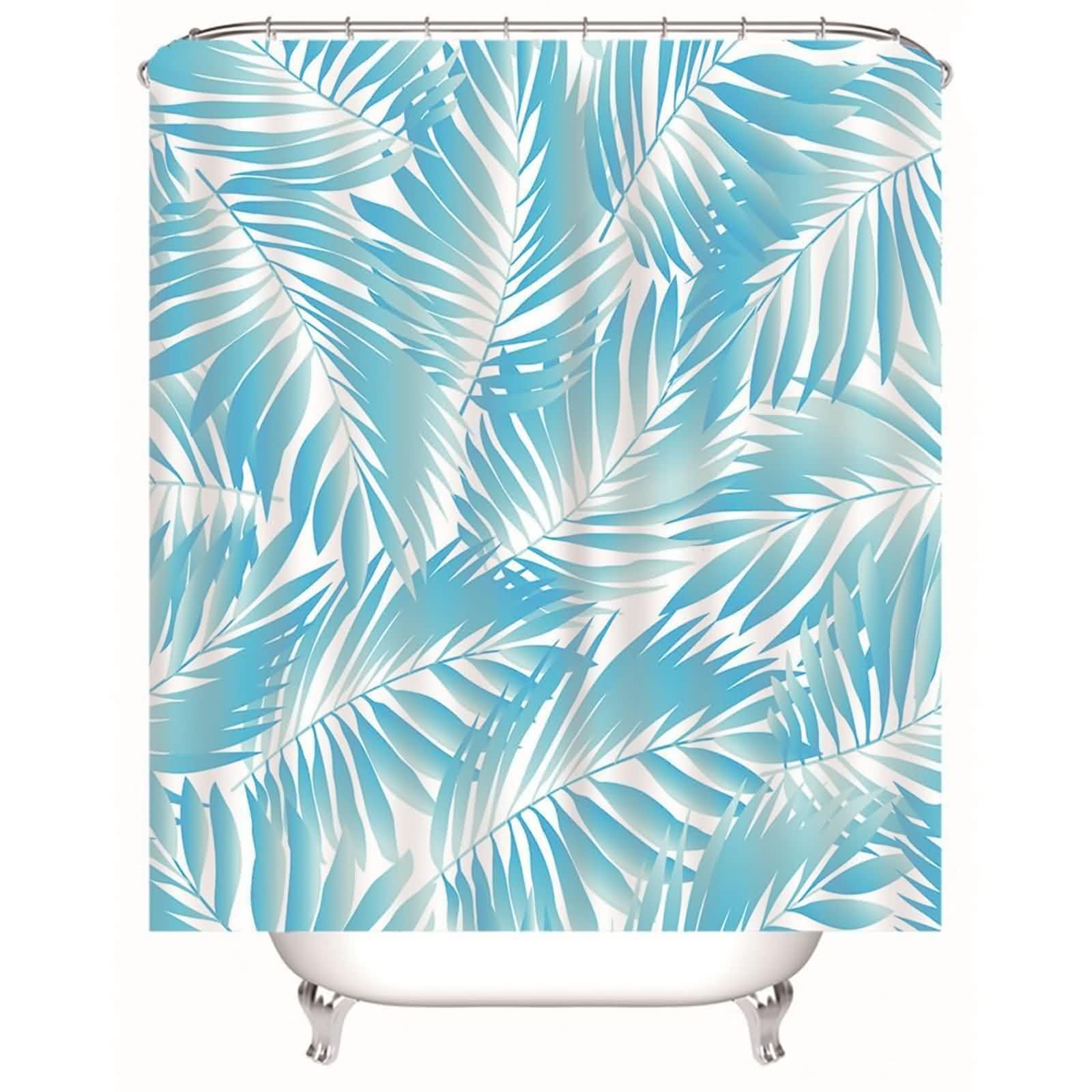 Rideau de bain anti-moisissure et lavable en textile imperméable motif feuilles bleues