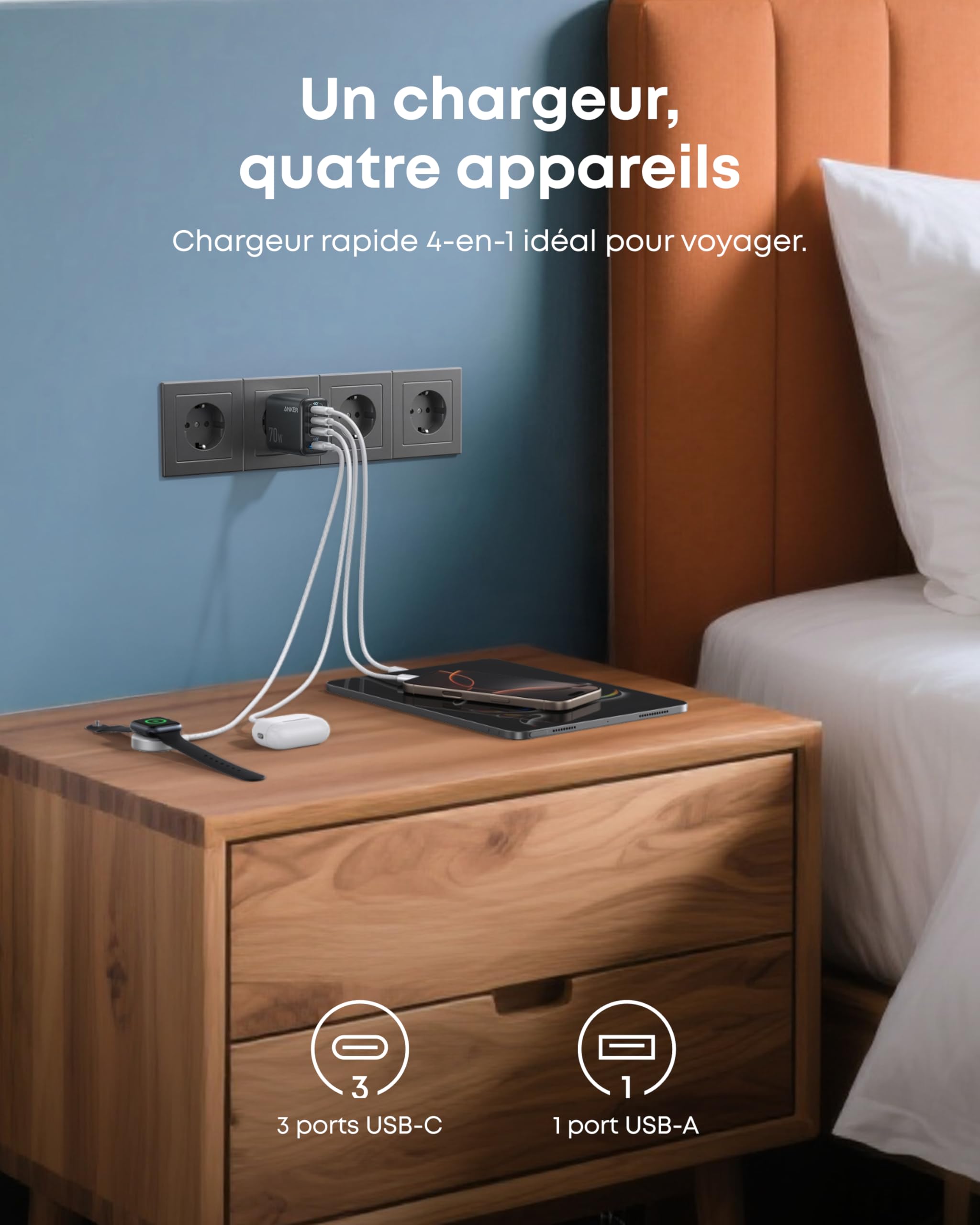 Anker Zolo Chargeur Adaptateur Mural 4 Ports 70W