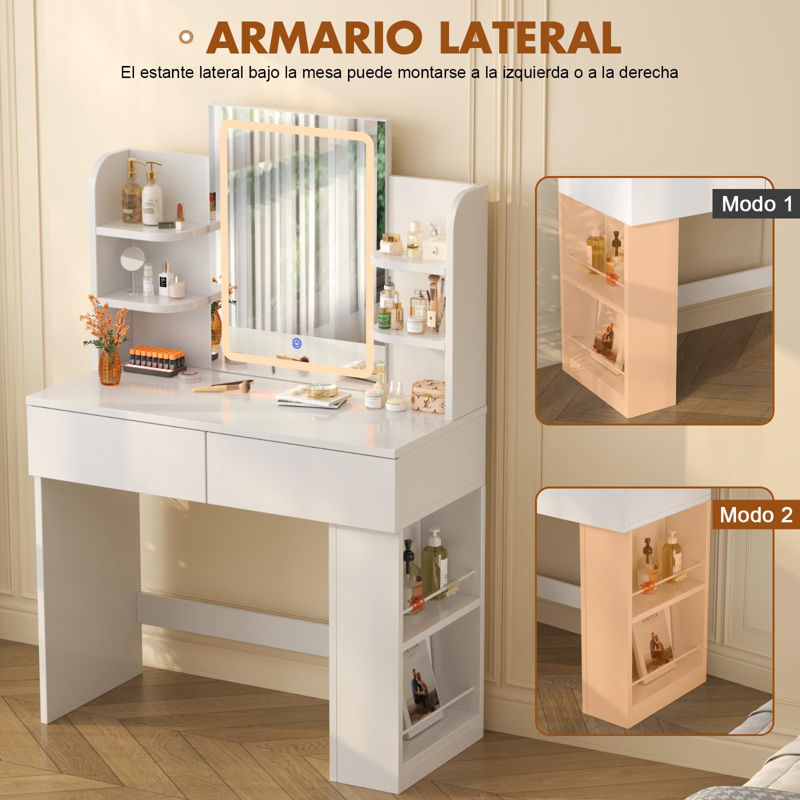 Devoko Tocador de Maquillaje con Luces LED, Brillo Ajustable, Mesa de Maquillaje con Espejo, con 2 Cajones Grandes y 4 Estantes Abiertos y Taquilla Lateral, 90 x 40 x 135 cm, Blanco