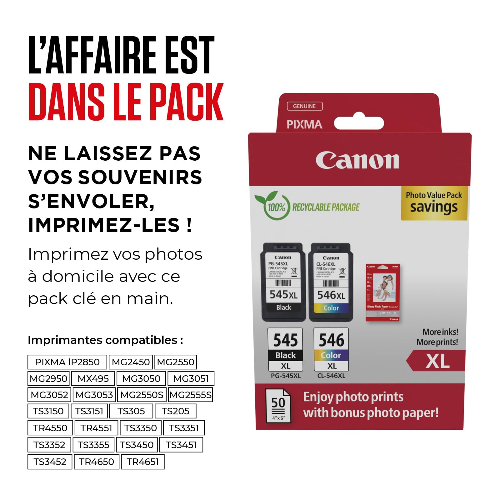 Canon PG-545XL / CL-546XL Lot de 2 Cartouches d'encre Authentiques à Haut rendement (Couleur et Noir) - Comprend 50 Feuilles de Papier Photo 10 x 15 cm - Carton de sécurité