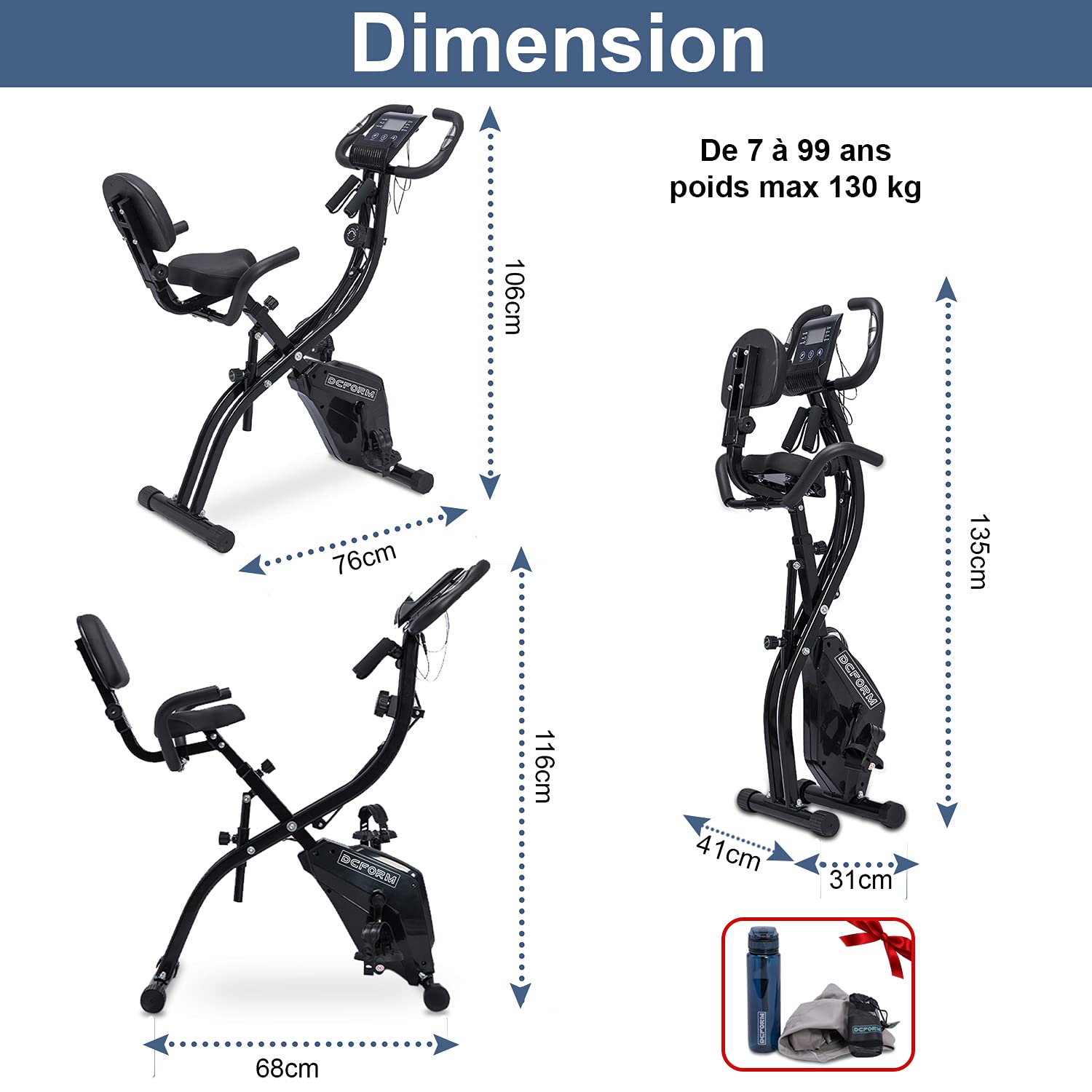 Vélo D'appartement Pliant DCFORM – 10 Niveaux, Magnétique, Cardiofréquencemètre, Bandes Résistance, Inclut Gourde/serviette/e-book, 130 Kg Max