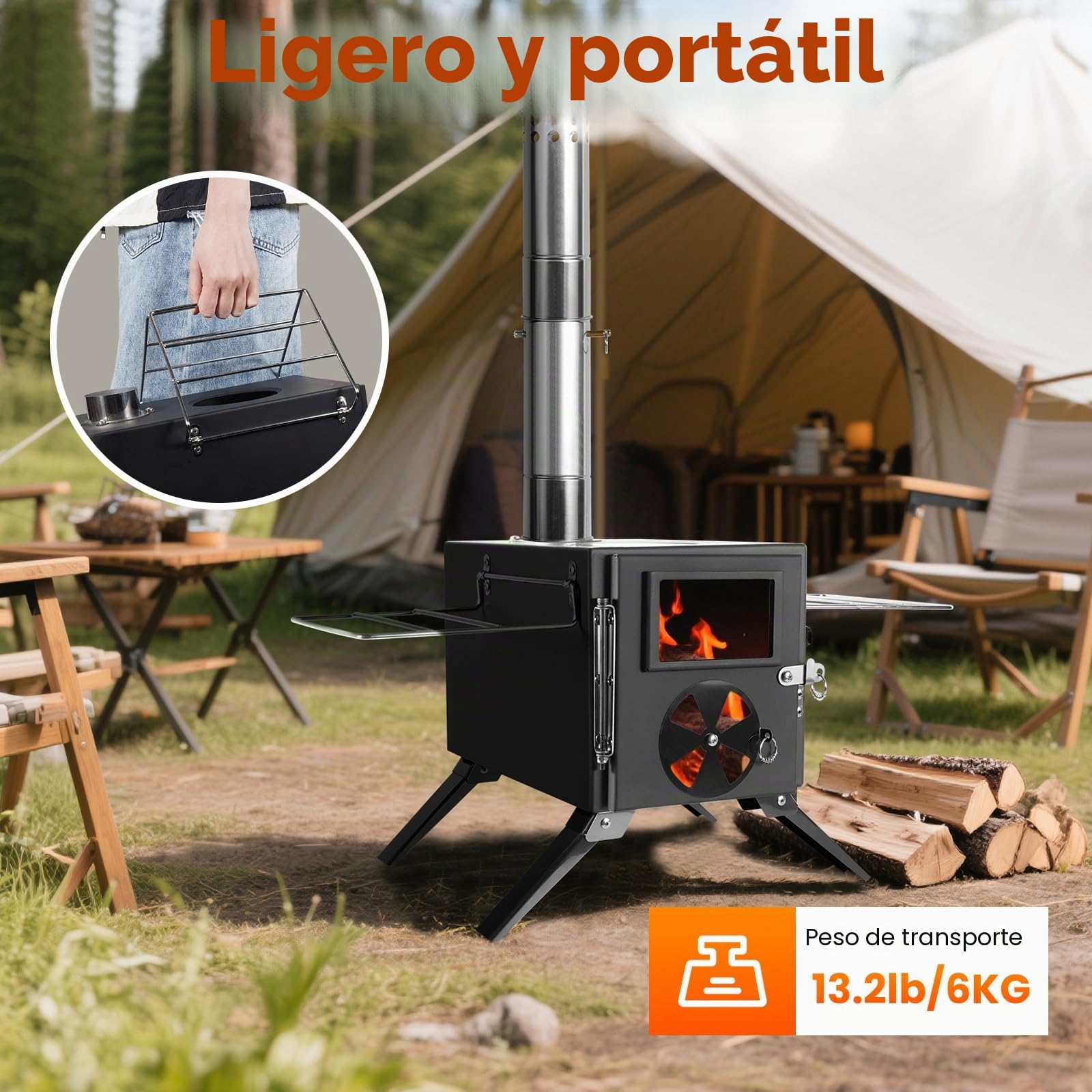 SOPPY Horno de tienda de campaña mini estufa de leña portátil de camping de acero inoxidable estufa de camping horno de jardín con tubos de chimenea horno de taller para tienda de campaña/jardín