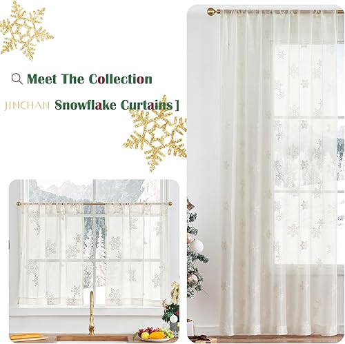 Miniatura 8 de jinchan Cortinas traslúcidas blancas de 24 pulgadas, cortinas de nieve para cocina, copos de nieve, bordados, cortinas de gasa para invierno,