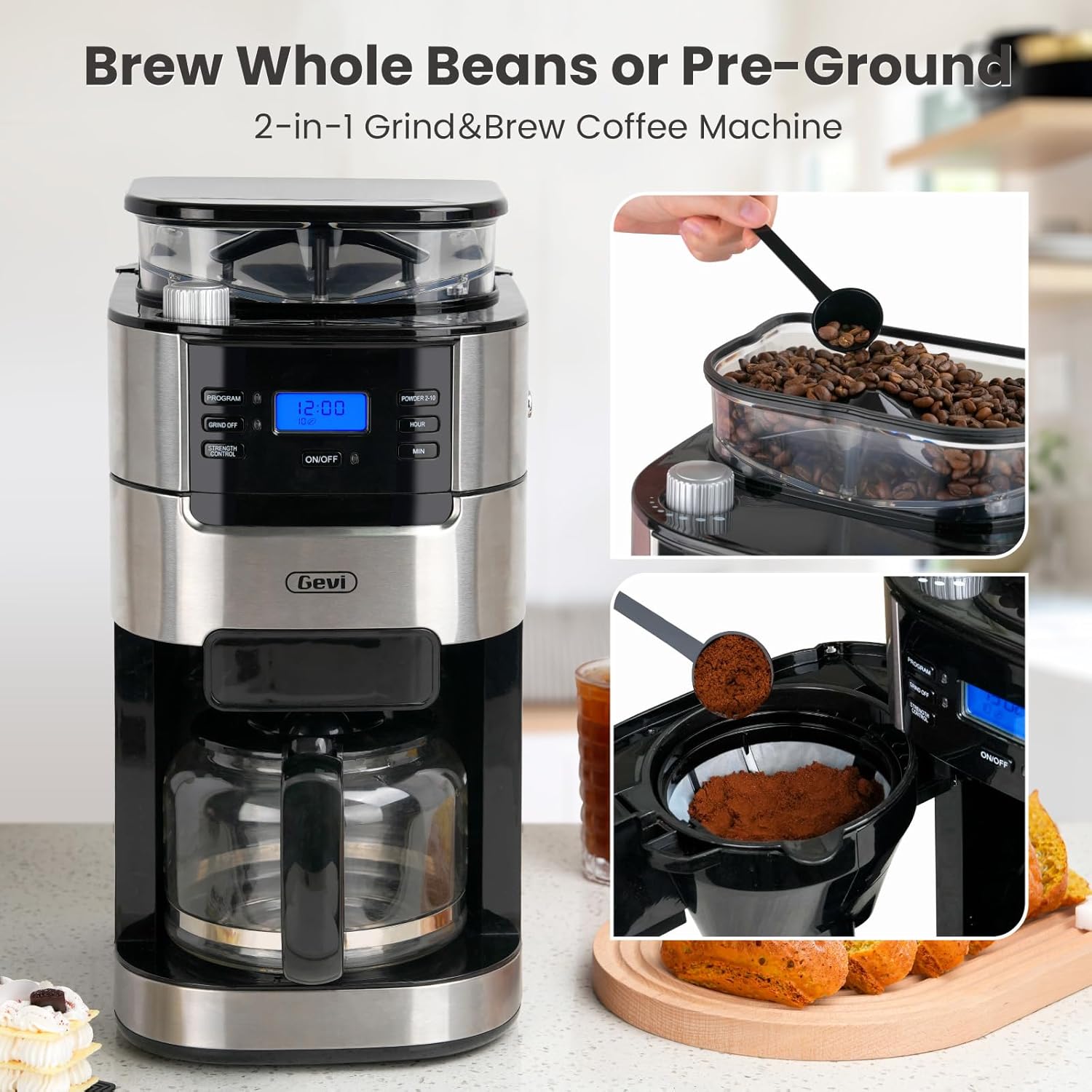 Gevi Coffee Maker with beans being added to grinder and ground coffee in filter