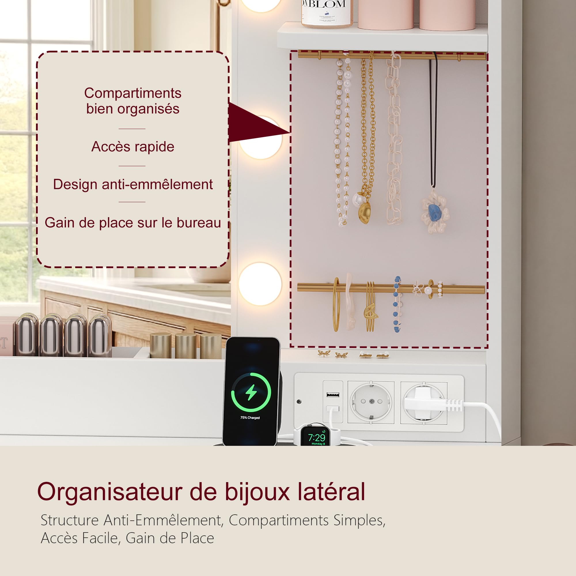 Heybly Coiffeuse avec Miroir LED et Éclairage, Table de Maquillage avec 6 Tiroirs et 6 Étagères, avec Prises Électriques et Rangement Bijoux, Coiffeuse Moderne pour Chambre, Blanche BDT002WT