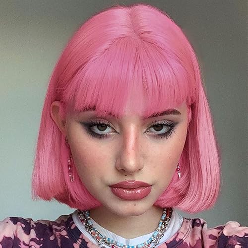 Peluca Bob con flequillo, pelucas rosas de 12 pulgadas para mujer, pelucas cortas de aspecto natural con flequillo, peluca Bob súper linda fácil de