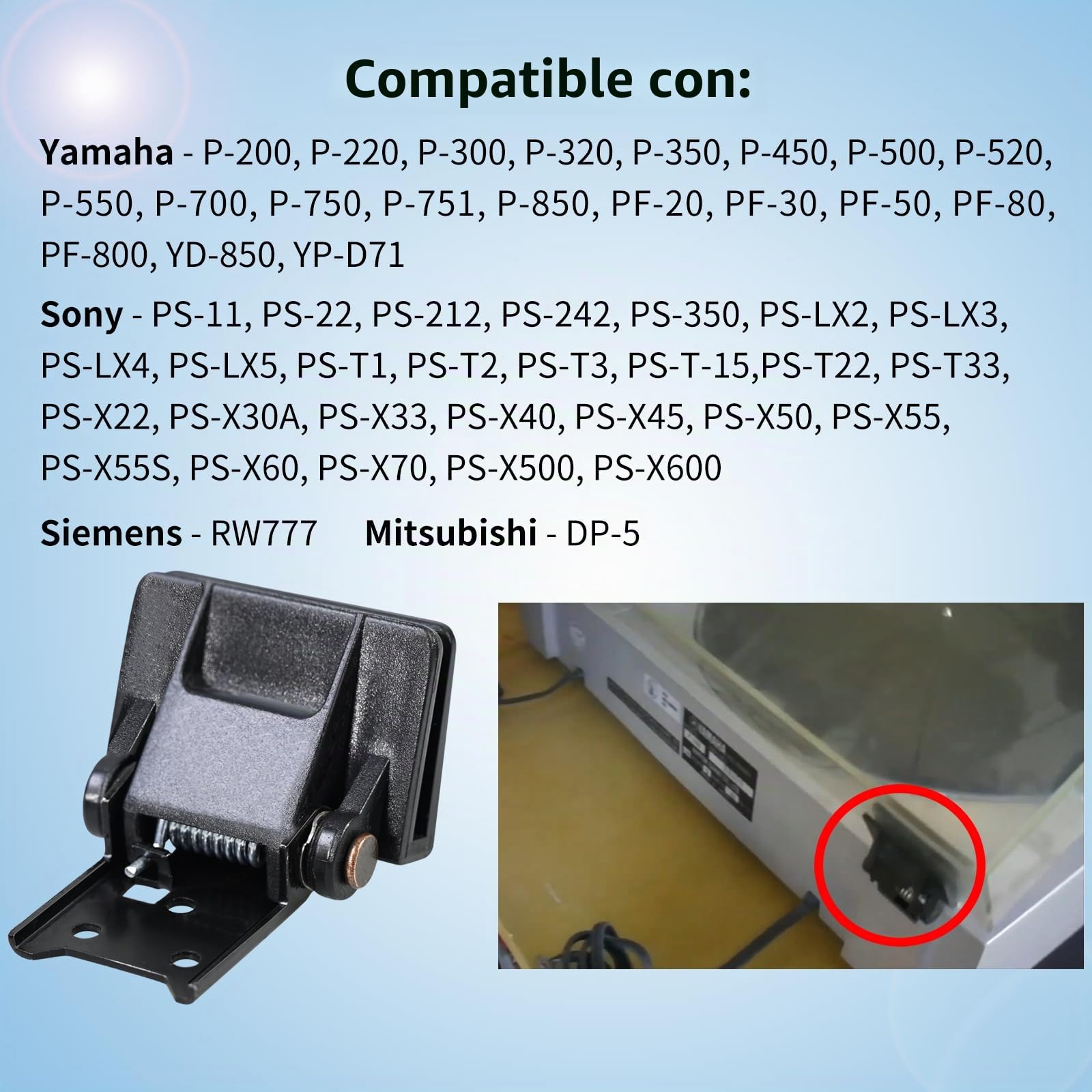 Piezas de bandeja giratoria de bisagra de tapa antipolvo para Akai AP-206, AR-AR The Turntable, BSR-Quanta 450SX, Kenwood KD-40R, Sony PS-11, PS-22, Yamaha P-200
