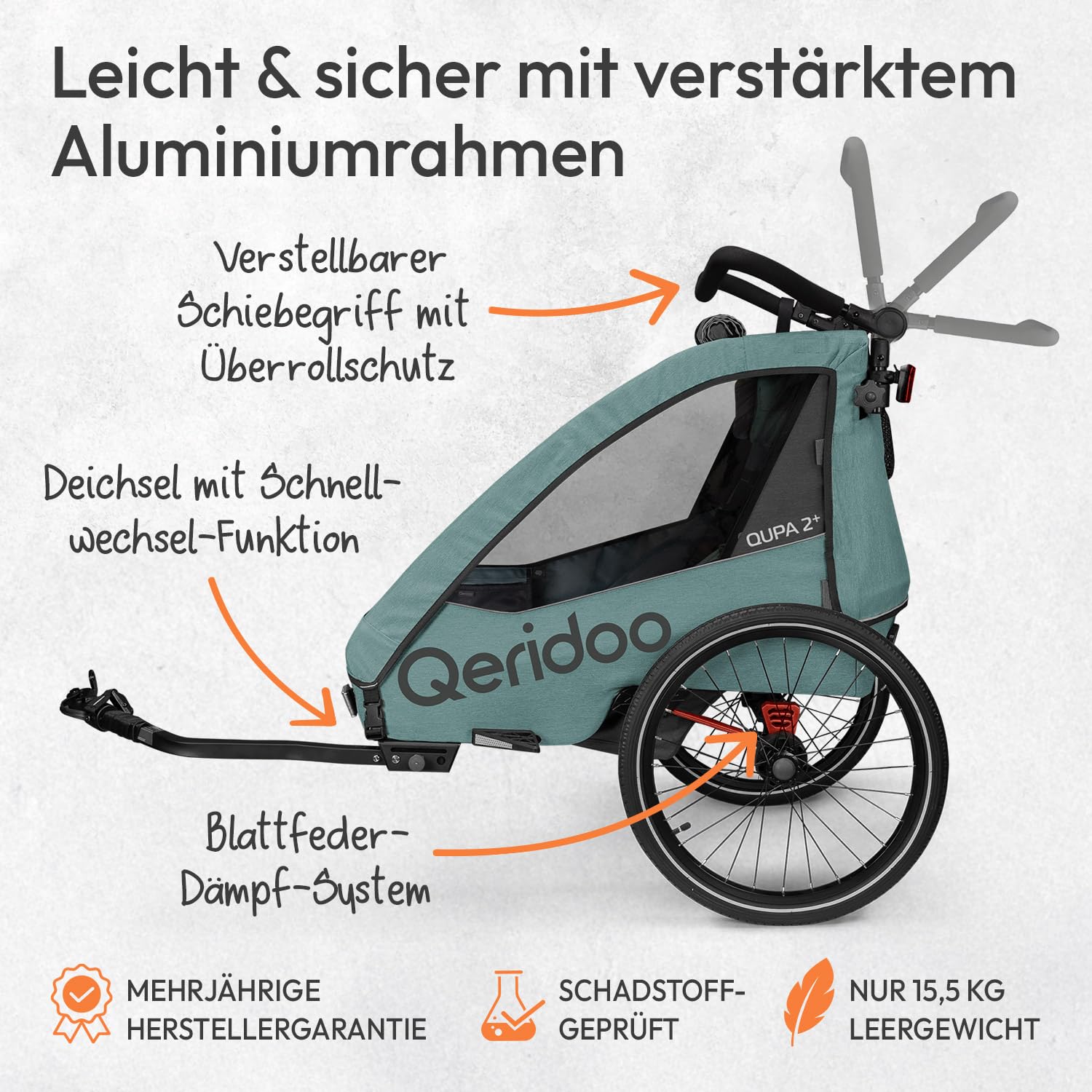 Qeridoo QUPA 2 Plus Mineral Blue Jogger-Set | Fahrradanhänger 2 Kinder mit Joggerrad, Kupplung & Faltgarage | Fahrrad Anhänger Kinder | Kinderanhänger Fahrrad | Jogger Kinderwagen