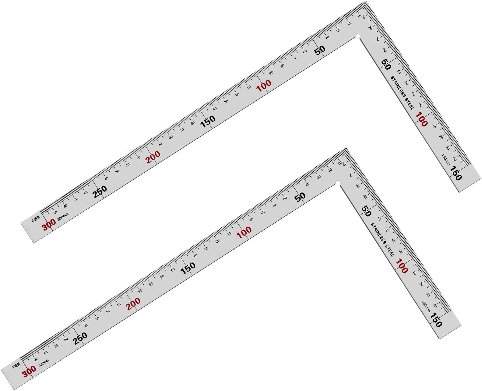 Square L-shaped ruler, 2 pieces carpenter square, 150 x 300 mm, stainless steel carpenter square, 90 degree square ruler for engineers, carpenter and craftsmen