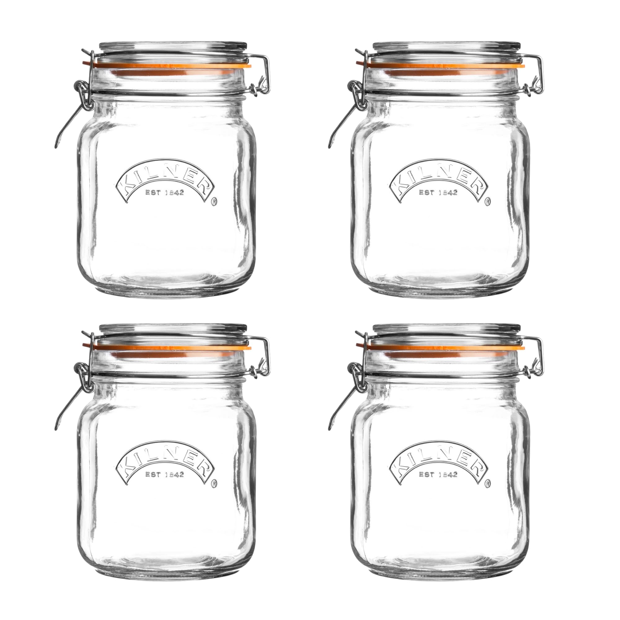 Kilner Square Clip Top Jar Set of 4, 1 Litre (1000ml) Airtight Glass Jars for Storing Coffee Beans Pickling Vegetables Chutneys Pasta Nuts BPA-Free