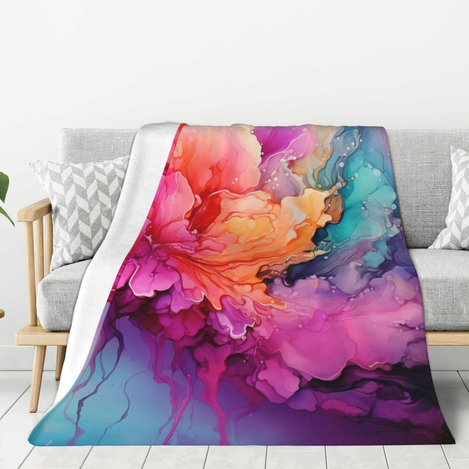 Colorful Watercolor Painting Throw Blanket Plush Flannel Fleece Blanket, Soft Lightweight Cozy Blankets 60"X50" for Bed Couch Sofa Travel