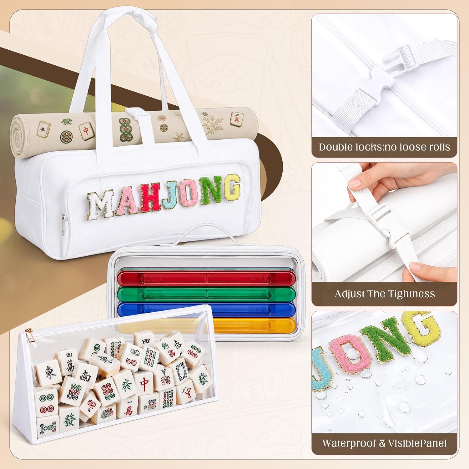 3 Piece Mahjong Storage Bag Set for American Mahjong, Clear Zippered Travel Organizer with Chenille Letter Patch for Tiles, Racks and Accessories, Portable Empty Carrying Case(White)