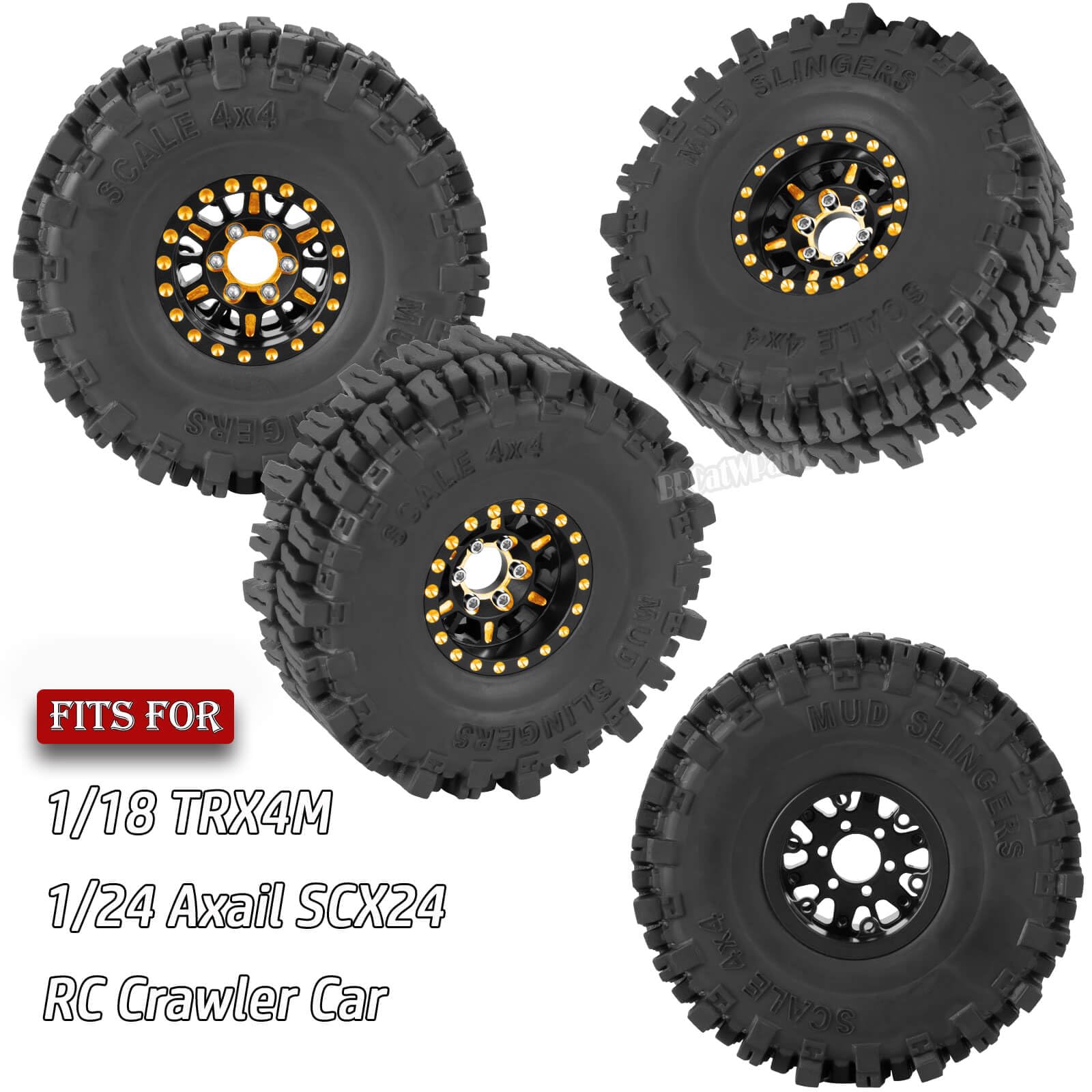 BRCatWPark Brass 1.0 Beadlock Wheels Tires for RC Crawler Car 1/18 TRX4M,1/24 SCX24,RC Brass 1.0 in Truck Tires,7mm Hex Wheels Rims and Rubber Tires w/Sponge,4pcs